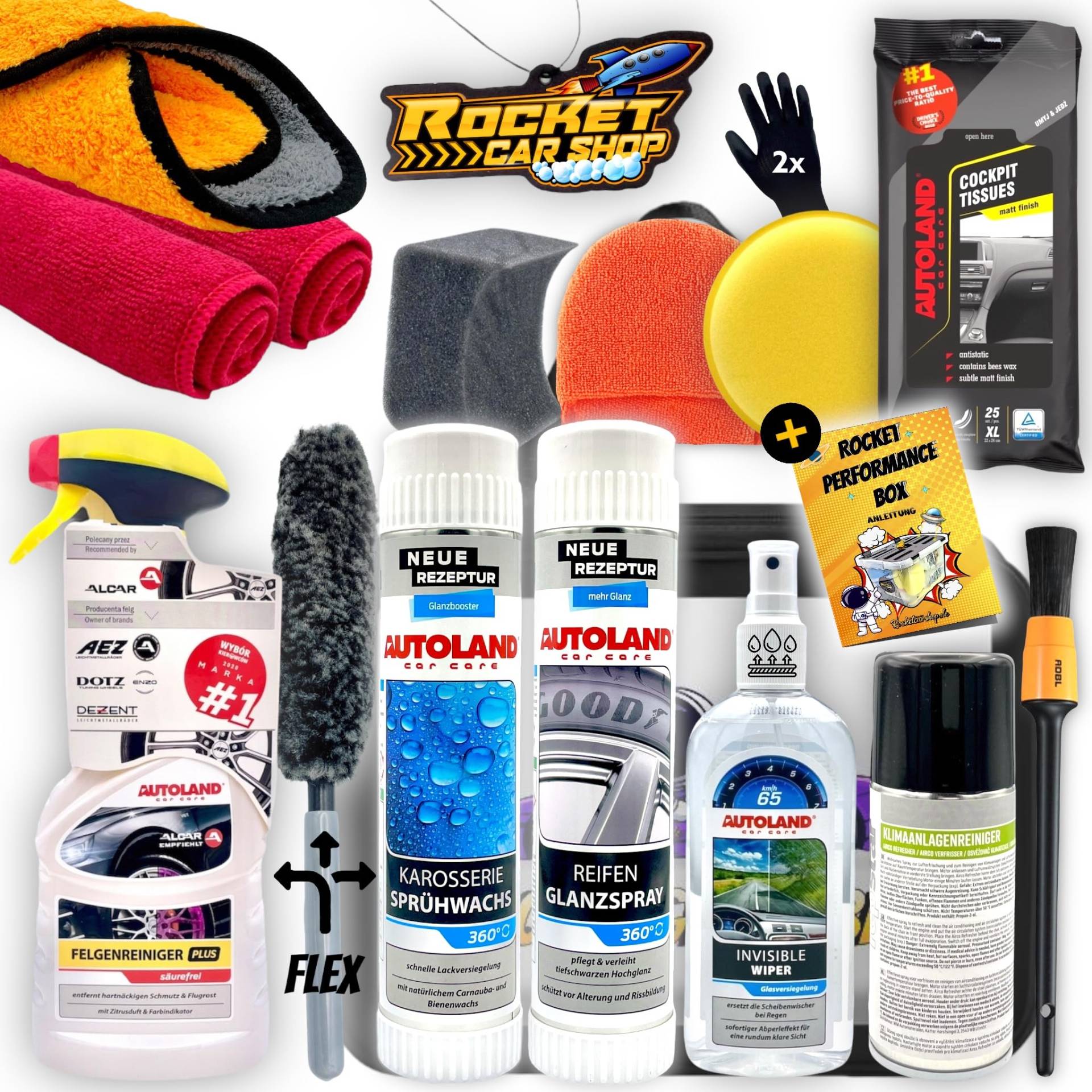 Autopflege Set: Rocket Performance Gloss Bag 17-teilig inkl. Anleitung - Geschenkset - Auto Reinigungsset für außen und innen mit Anleitung - Autoduft: Bubble Gum von Rocket Car Shop