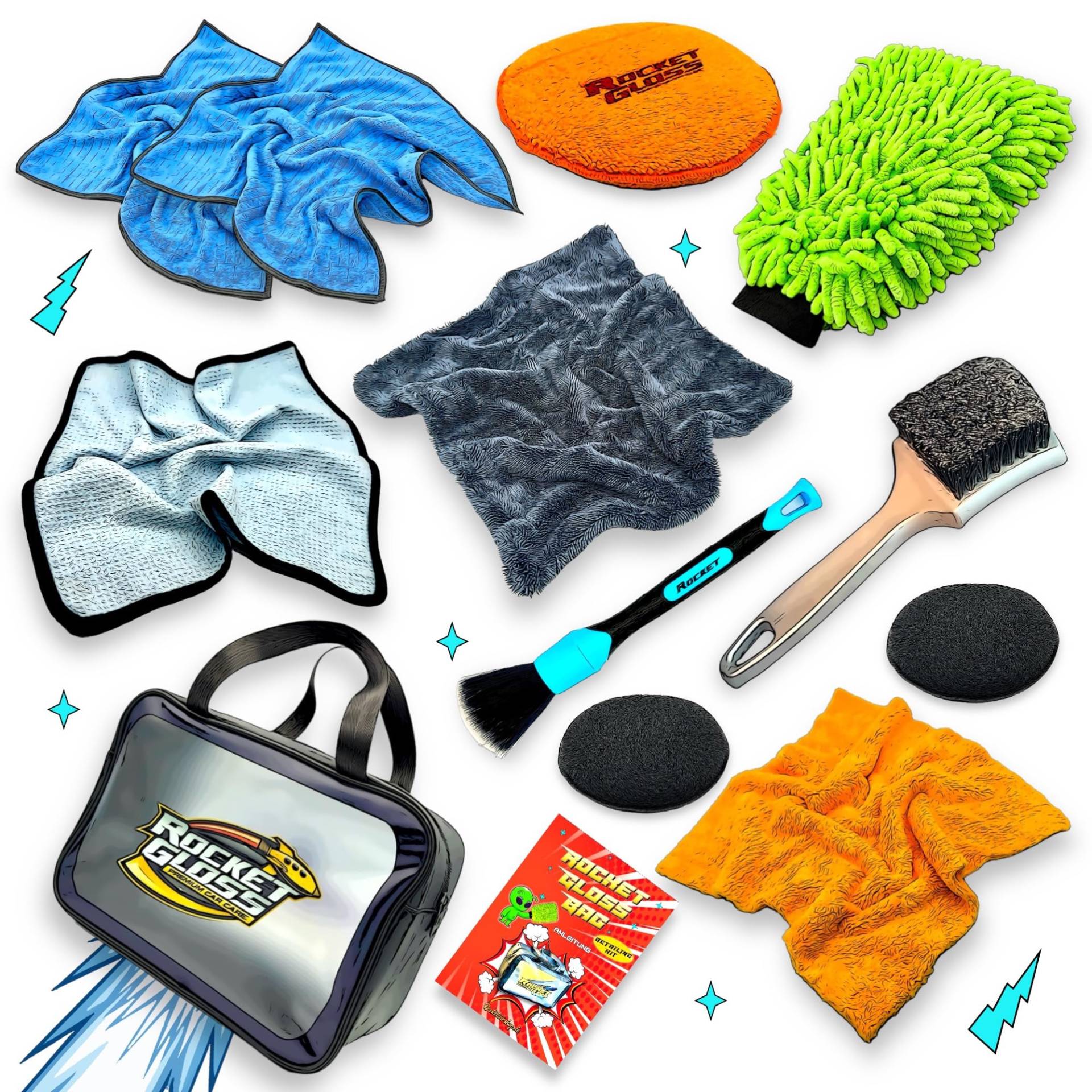 Rocket Gloss Bag Detailing Kit 12-teilig - Auto Geschenkset - Autopflege Set mit Anleitung - Auto Reinigungsset Zubehör - Trockentuch - Mattenbürste - Applikator Pads - Pinsel - Auto Waschhandschuh von Rocket Car Shop