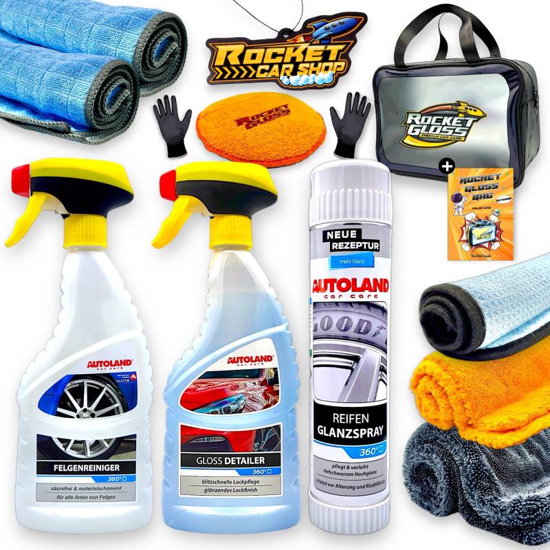 Rocket Gloss Bag Exterior 12-teilig - Autopflege Set - Mit Anleitung - Auto Reinigungsset Pkw Putzset für außen - Felgenreiniger - Sprühwachs - Reifenglanzspray - Trockentuch - Autoduft von Rocket Car Shop