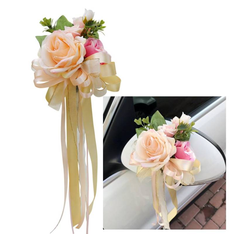 Rockreyoa 2 Stück Autoschleifen Retro Simulation Blume Schleife Seidenblumen Champagner Hochzeit Autoschmuck Auto Verschönert Rückspiegel Türgriff Hochzeit Stuhl Zurück DekoBlume Hochzeitsauto Deko von Rockreyoa