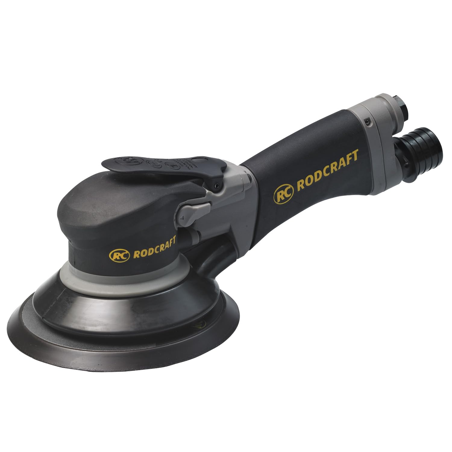 Rodcraft RC7710V6-2H Druckluft Exzenterschleifer, Schleifteller-Ø 150 mm, Drehzahl 10000 U/min, 10 mm Hub, Zweihand-Version mit langem Griff, Schwarz-grau von Rodcraft