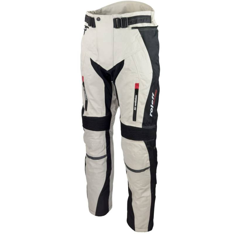 Helle Motorradhose für Sommer und Winter in schwarz/grau mit Protektoren, Belüftungssystem und herausnehmbarem Thermofutter von Roleff Racewear