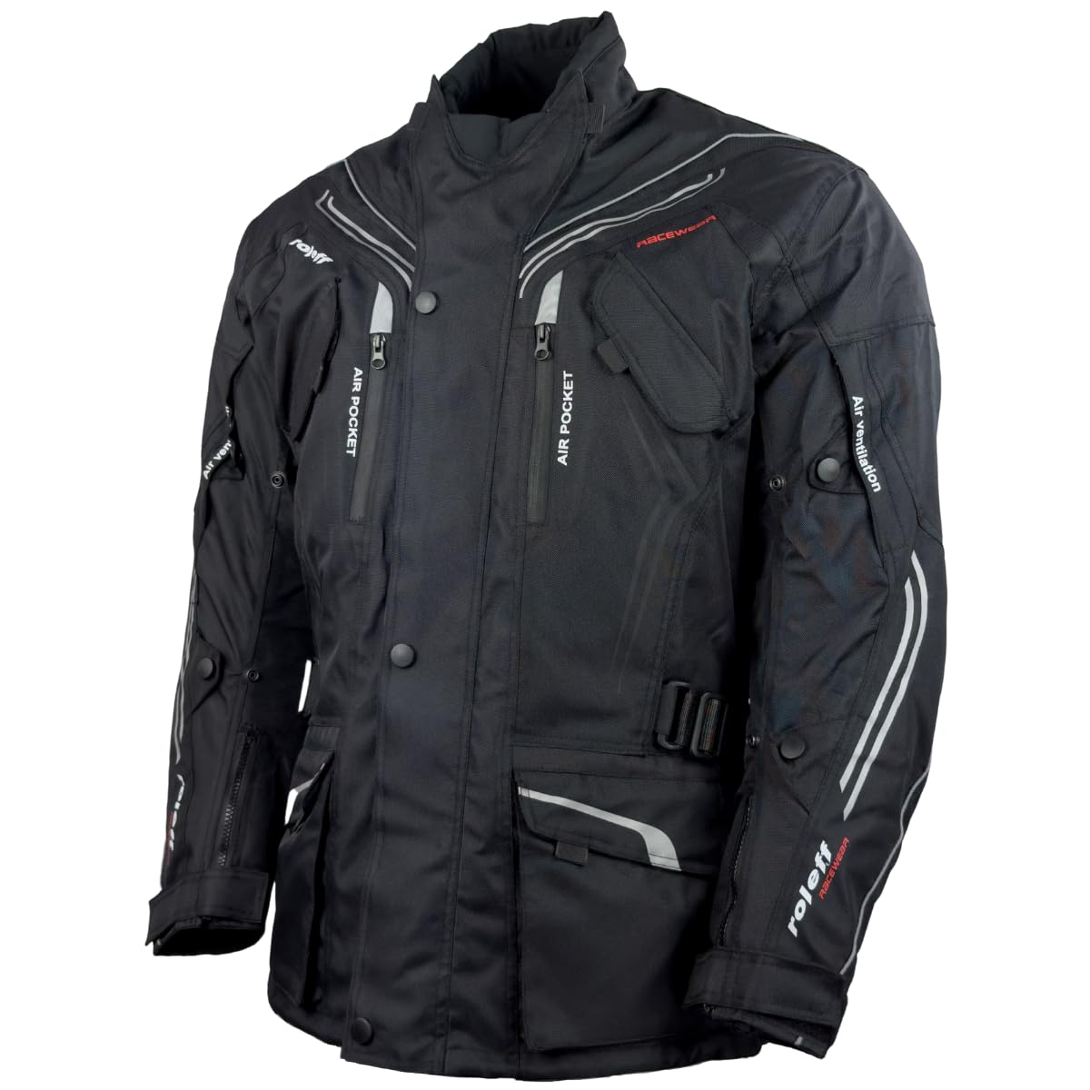 Schwarze Motorradjacke mit Protektoren, Belüftungssystem, Klimamembrane und herausnehmbarem Thermofutter von Roleff Racewear