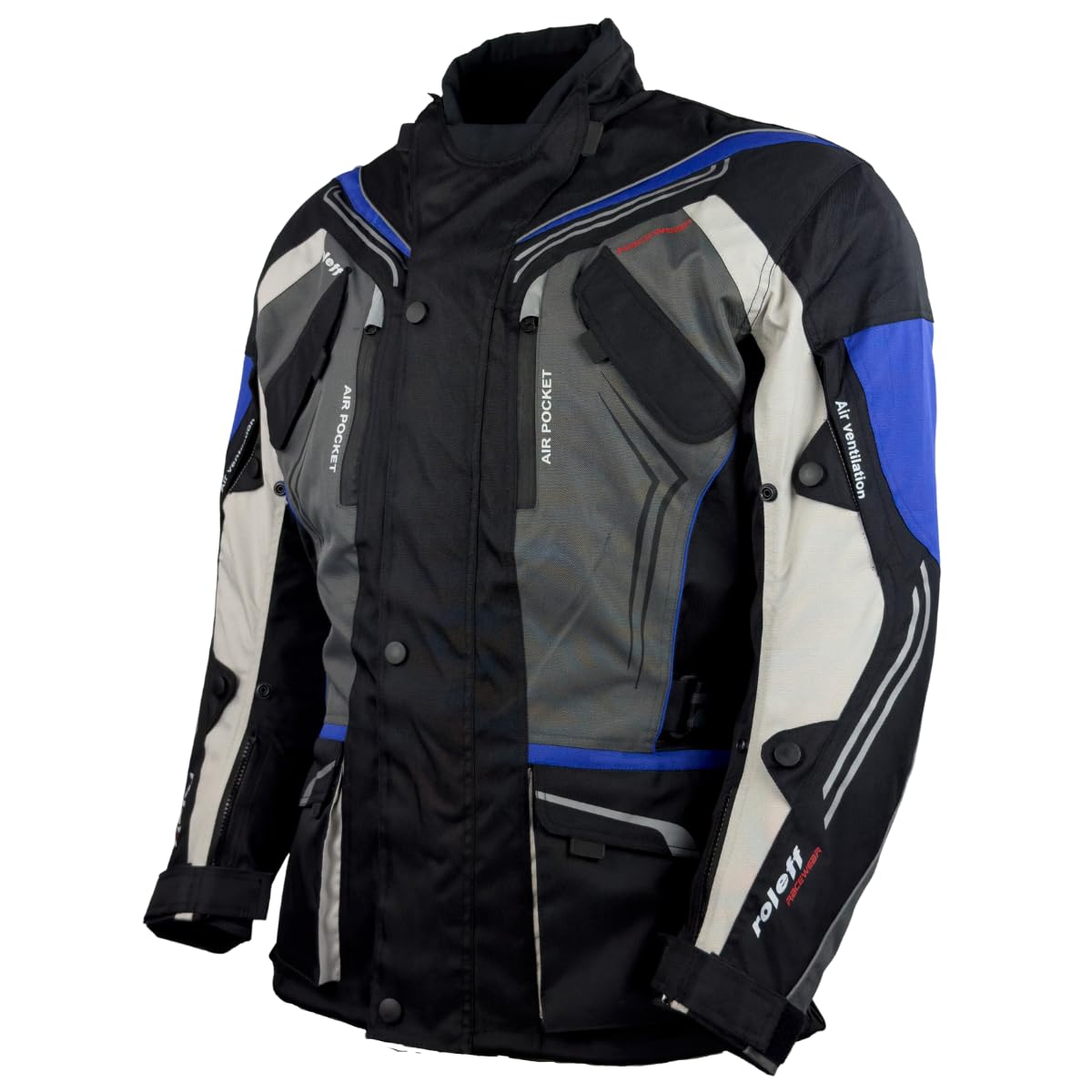 Motorradjacke schwarz-grau-blau mit Protektoren, Belüftungssystem, Klimamembrane und herausnehmbarem Thermofutter von Roleff Racewear