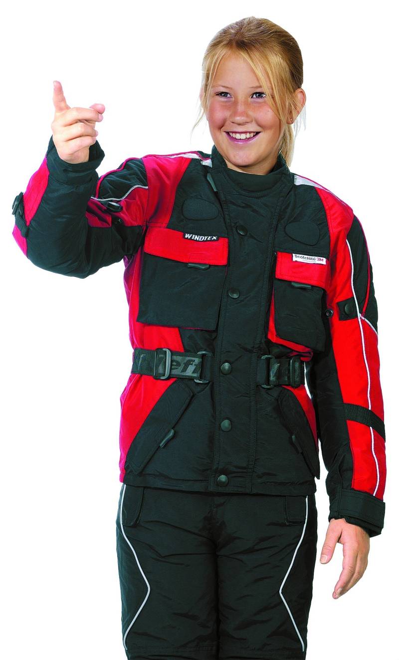 RO432k Kinder Motorradjacke mit Reflektoren und Weitenverstellung, rot, schwarz, Größe M von Roleff