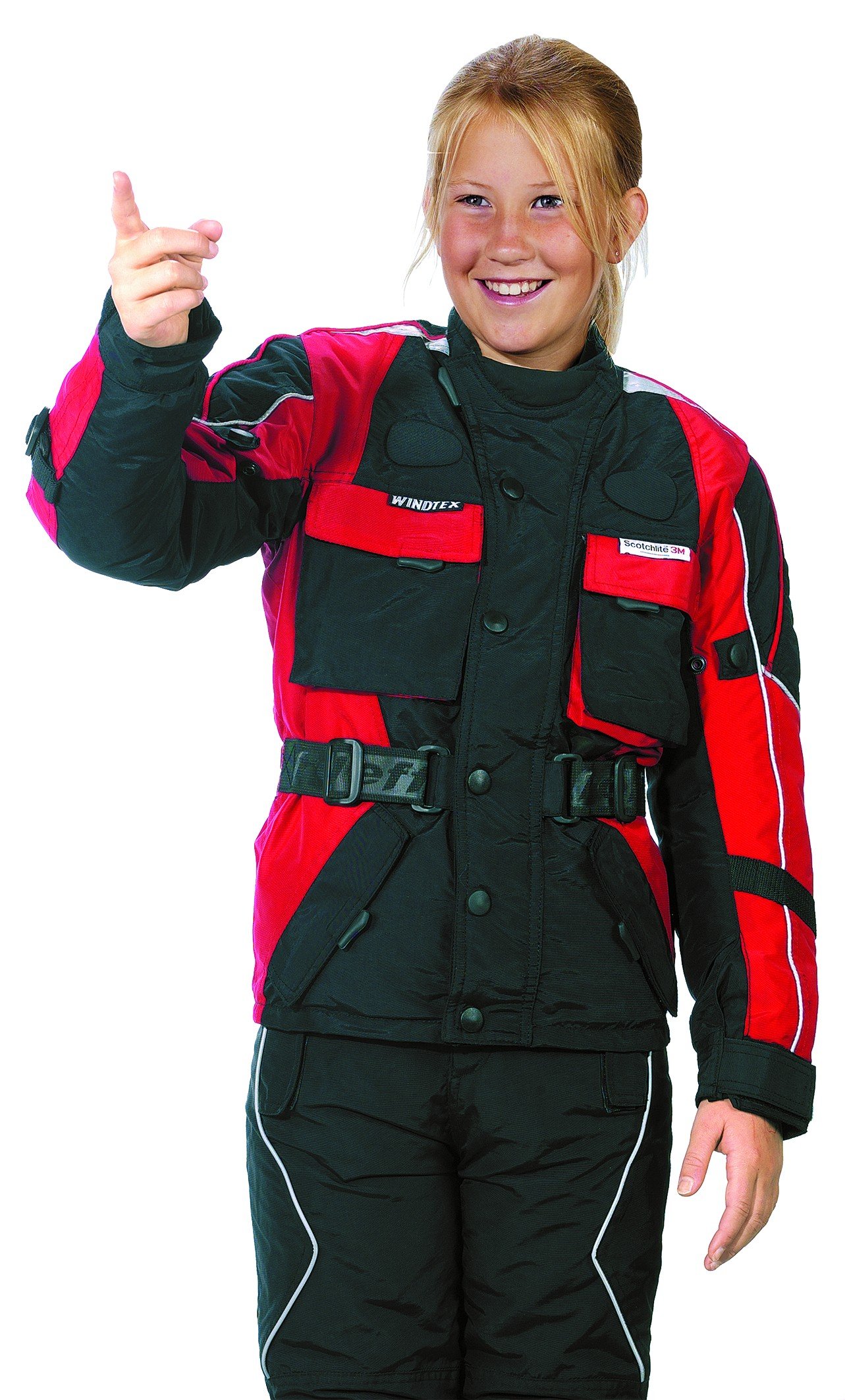 RO432k Kinder Motorradjacke mit Reflektoren und Weitenverstellung, rot, schwarz, Größe XL von Roleff