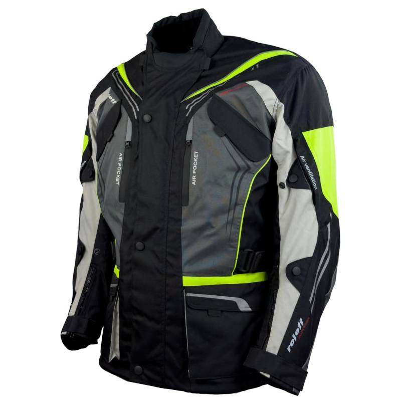 Roleff Schwarz-graue Motorradjacke mit neon-gelben Elementen, Protektoren, Belüftungssystem, Klimamembrane und herausnehmbarem Thermofutter von Roleff Racewear