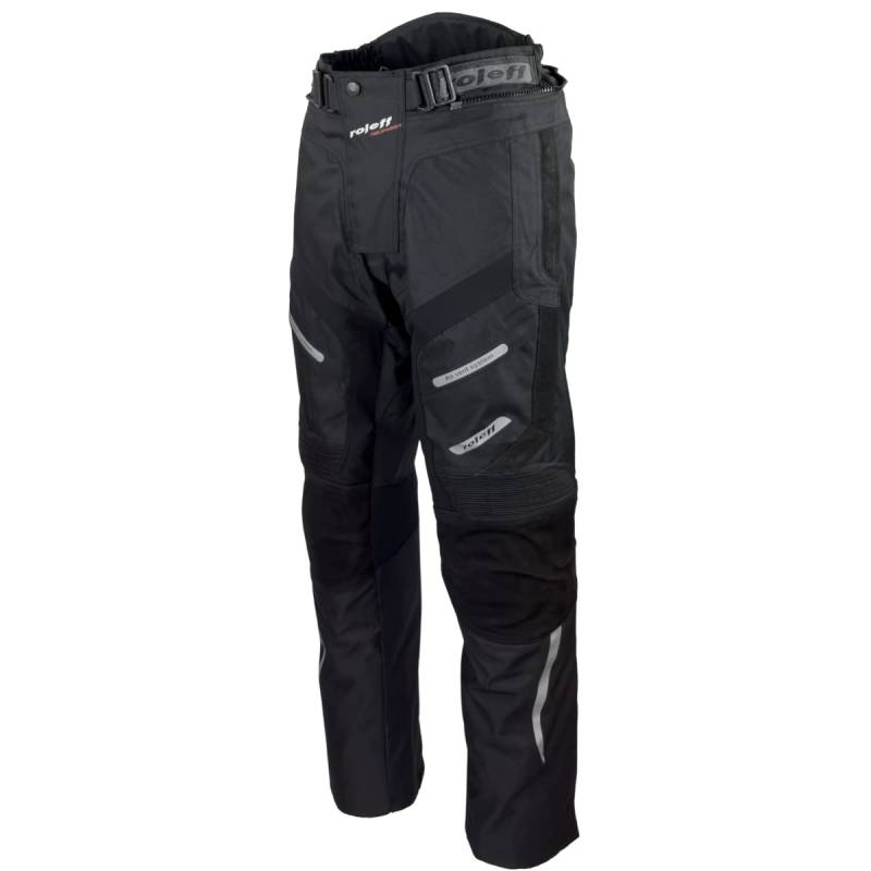 Schwarze Motorradhose mit herausnehmbarem Thermofutter, Protektoren, Reflektoren, Rindslederapplikationen, und Weitenverstellung für Sommer und Winter von Roleff Racewear