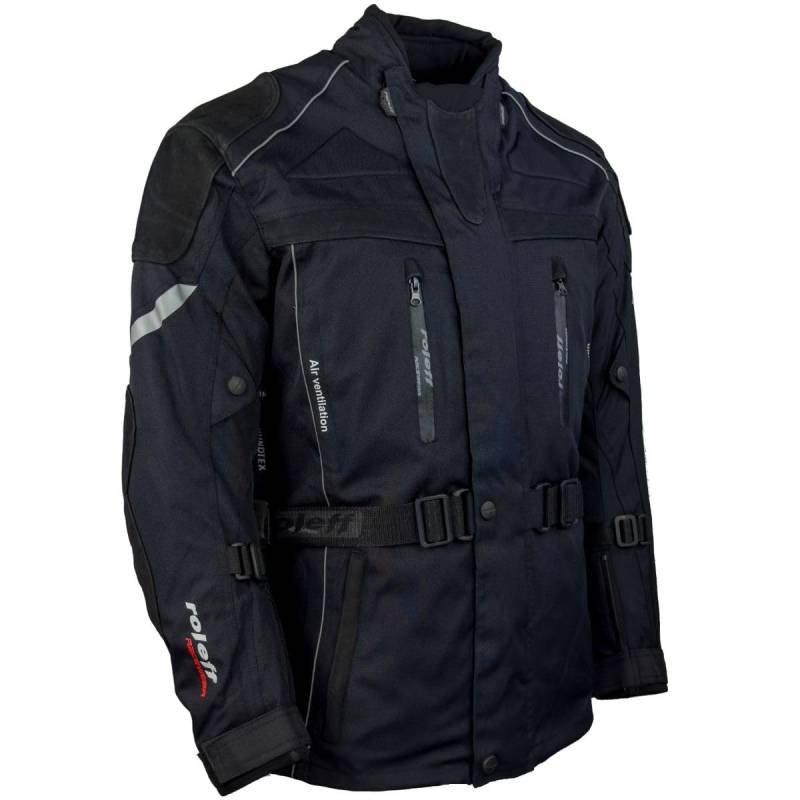 Schwarze Motorradjacke mit echten Rindslederapplikationen, Protektoren, Belüftungssystem, Klimamembrane und herausnehmbarem Thermofutter von Roleff