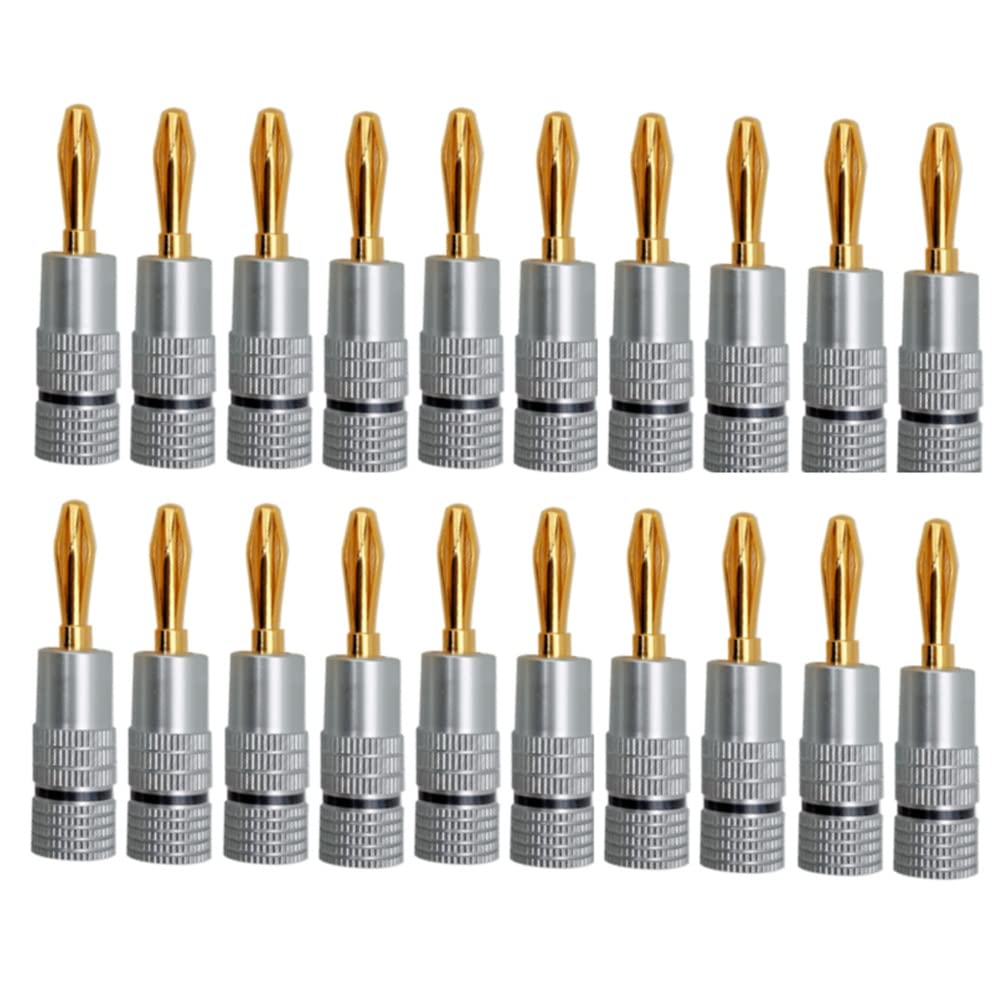 Ronlok Bananenstecker, 24 K, vergoldet, 4,5 mm, Bananenstecker mit Schraubverschluss, für Audio-Buchsen, Lautsprecher, Schwarz + Silber, 20 Stück von Ronlok