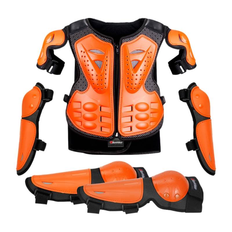 Ronyme Kinder-Motorrad-Schutzanzug mit Ellenbogen-Knieschützern, Dirt-Bike-Ausrüstung, Reitschutz-Set für Outdoor-Sport, Skifahren, Motorrad, Orange von Ronyme