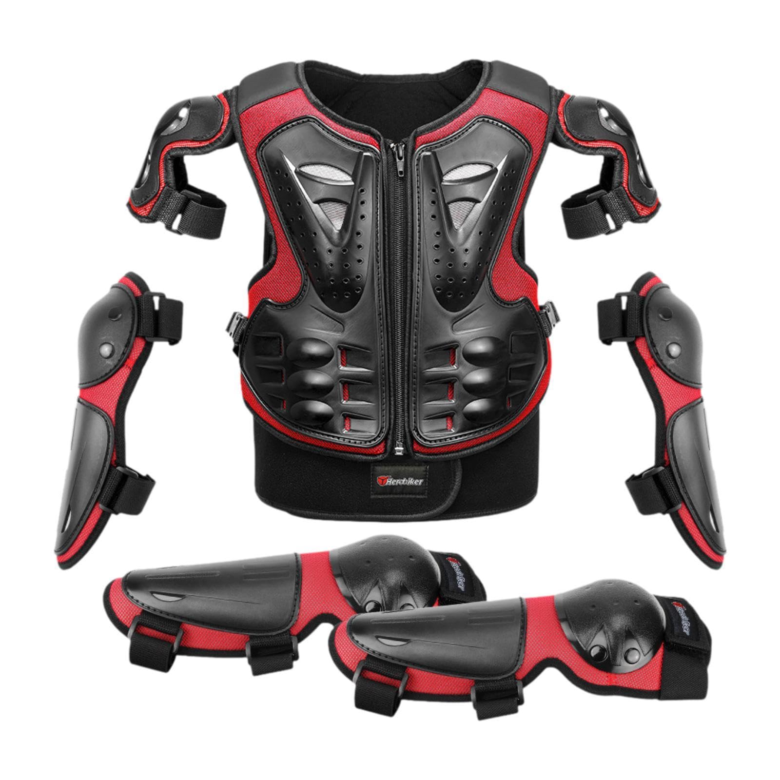 Ronyme Kinder-Motorrad-Schutzanzug mit Ellenbogen-Knieschützern, Dirt-Bike-Ausrüstung, Reitschutz-Set für Outdoor-Sport, Skifahren, Motorrad, Rot von Ronyme