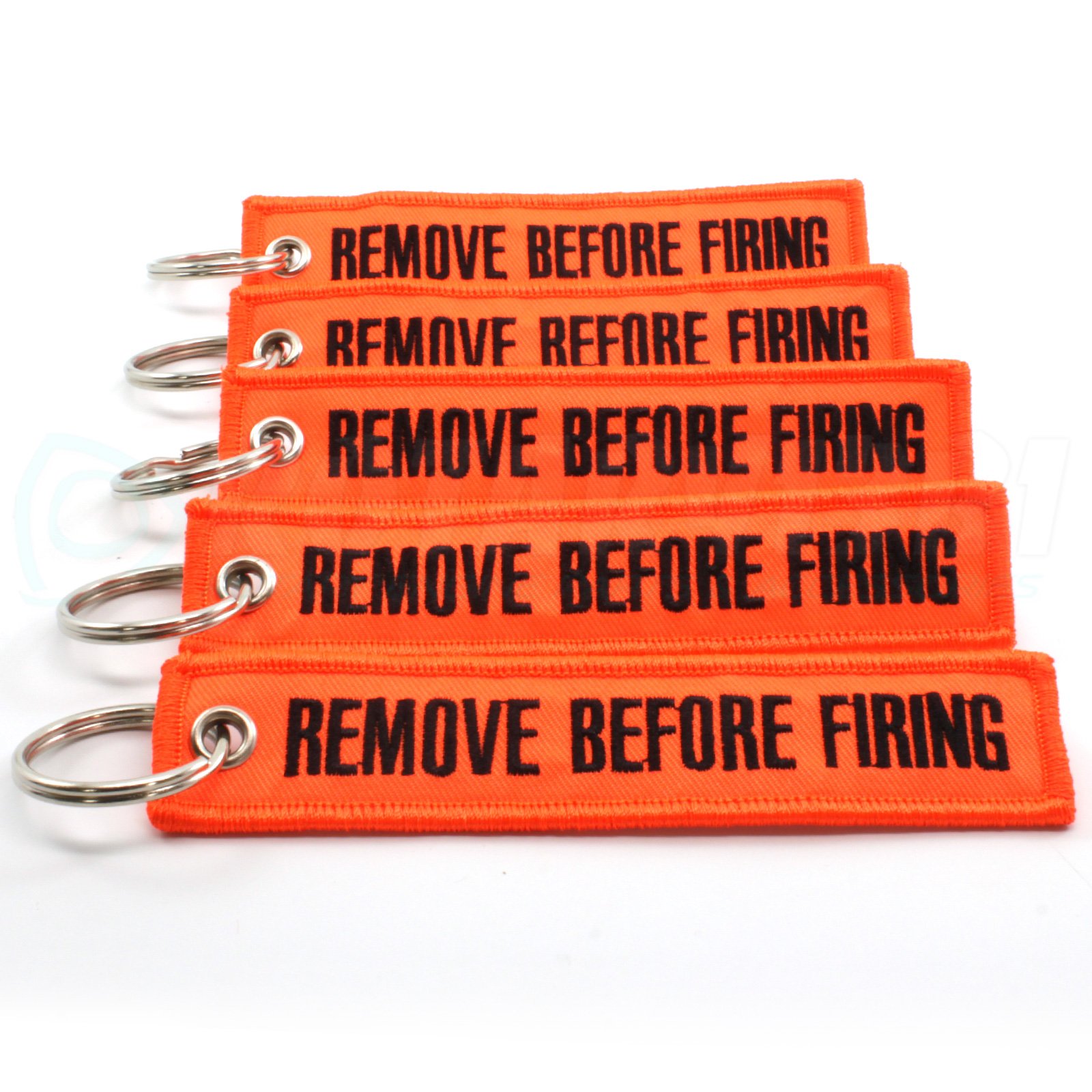 Remove before Feuern Schlüsselanhänger – Neon Orange/Schwarz – 5 X von Rotary13B1