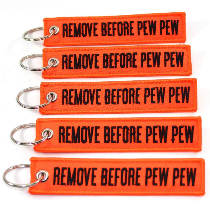 Rotary13B1 Remove Before PEW PEW Schlüsselanhänger (Neonorange/Schwarz), 5 Stück, Neonorange/Schwarz, 1 inch tall x 5 inches wide von Rotary13B1