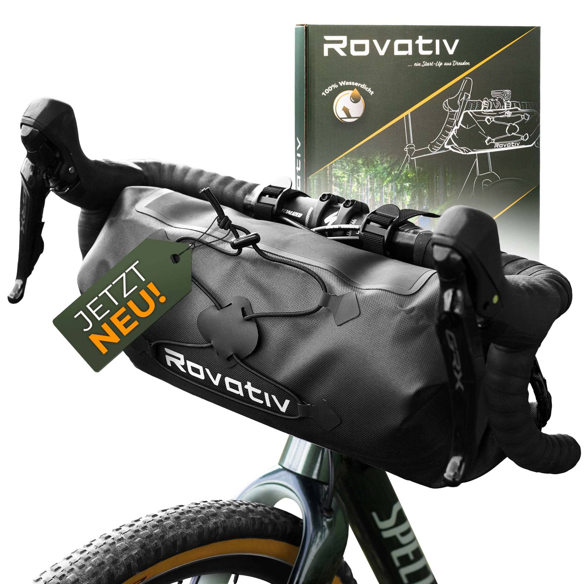 Rovativ® Bikepacking Lenkertasche [9,5 Liter] 100% Wasserdicht - Lenkerrolle - extra Fester Halt - Robustes TPU-Gewebe - für Gravelbike, Rennrad, MTB von Rovativ