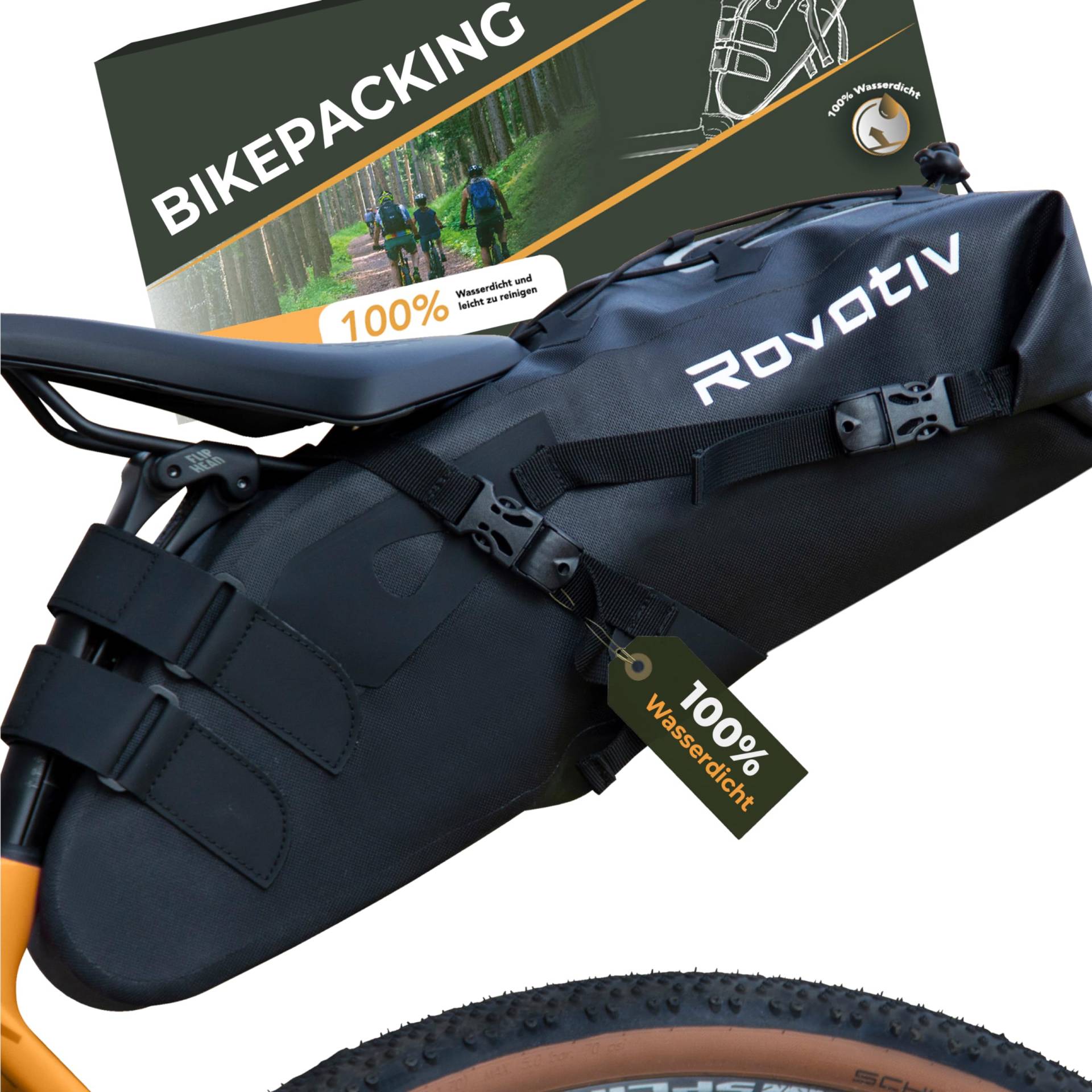 Rovativ® - Bikepacking Satteltasche [10 Liter] 100% Wasserdicht - super Fester Halt - Fahrrad Satteltasche aus TPU-Gewebe - für Gravelbike und MTB Bike Packing von Rovativ