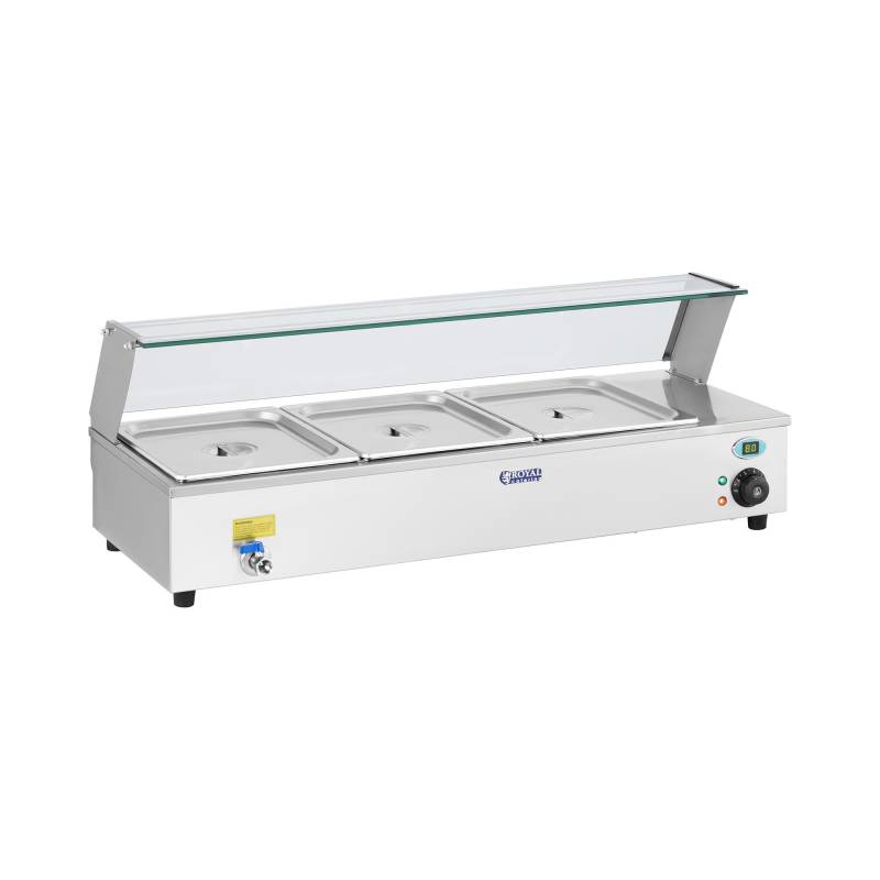 Royal Catering RCBM-3 Bain Marie Wasserbad Speisenwärmer Bain Marie Behälter 3 x 1/2 GN (1300 W, 0–85 °C, 95x40x16 cm, Edelstahl, Ablasshahn, Glasabdeckung) von Royal Catering