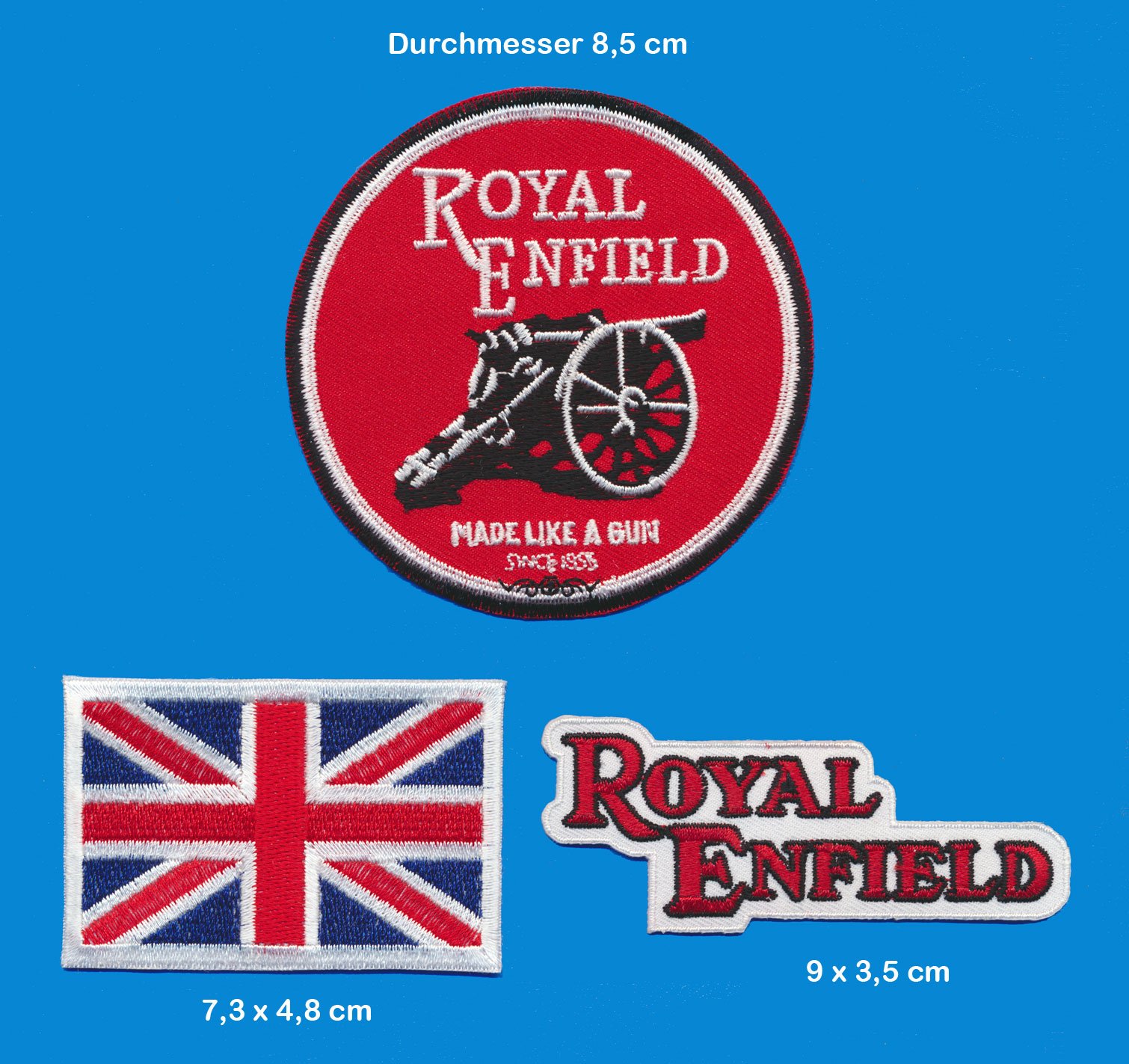 ROYAL ENFIELD Aufnäher Aufbügler Patch 3 Stück Motorrad Bullet England TURBOVERSAND von Royal Enfield