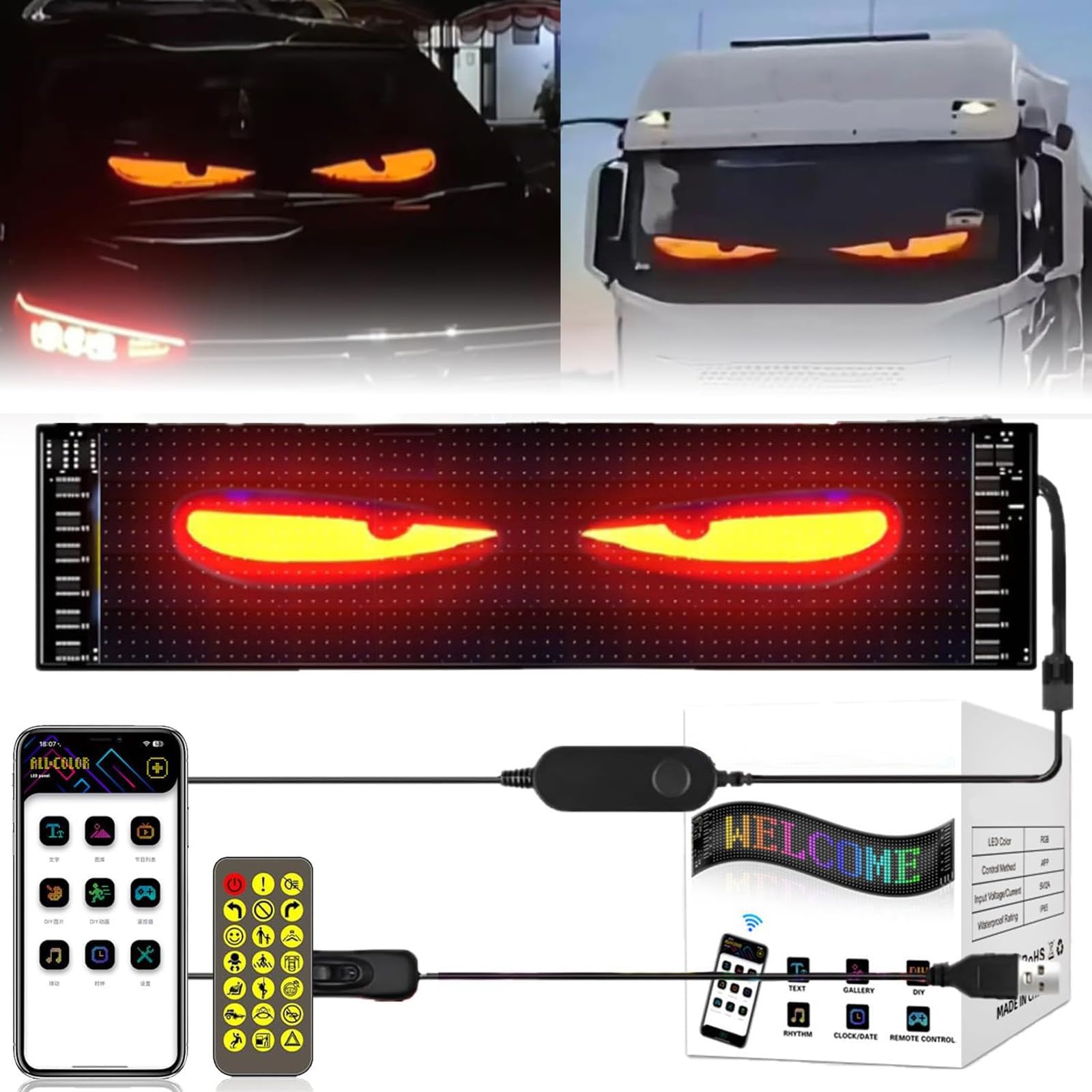 Devil Eyes Light for Cars, LKW Augen led， LED Teufelaugen Licht für Autoscheiben mit Bluetooth App Fernbedienung, Programmierbarer Flex LED Display, Soft Screen (1, 34.8 * 10.8cm) von Rubu22a