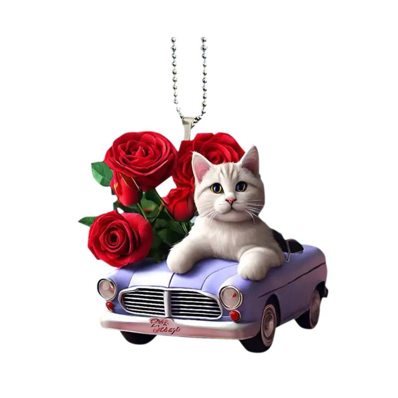 Valentinstag Deko Fensterdeko Hängend Valentinstag 2D flache Acryl süße Katze Rose Rucksack Anhänger Auto Rückspiegel Dekoration Herz Deko Valentines Day Decorations (Red, One Size) von Rubu22a