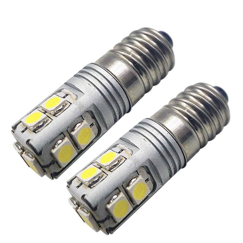 Ruiandsion 2 Stück E10 LED Lampe 4,5V 6V 9V 12V 18V 4-30Volt E10 Schraubensockel LED Lampe 3030 10SMD Chips Weiß Upgrade für Scheinwerfer Taschenlampen Taschenlampe, unpolar von Ruiandsion