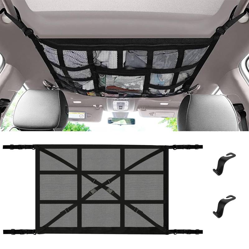 Gepäcknetz Auto 90 cm x 65 cm Gepäcknetz Aufbewahrung doppellagige GepäCknetz Wohnmobil Universal Auto Netztasche mit verstellbaren Kreuzgurten und 2 Haken Auto Cargo Netz für Autos, Jeeps, Van, SUV von Ruikdly