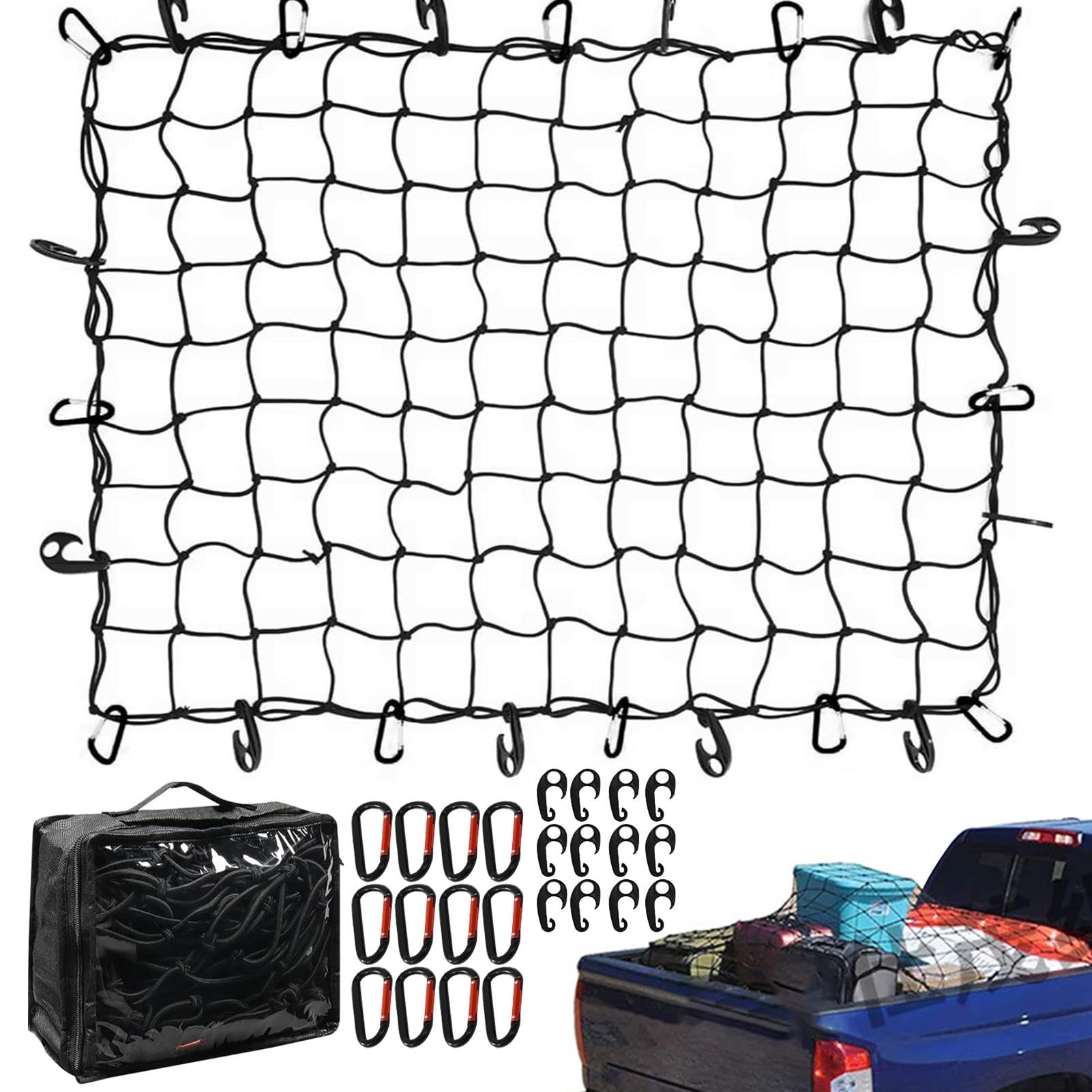 Rukjmqi LKW-Ladeflächennetz, Ladenetz für Pickup-LKW-Ladefläche - Dehnbarer Mesh-Organizer | Dachträgernetz mit 12 Metallkarabinern, Mesh-Frachtnetz, Gumminetz, 5,9 x 3,9 Fuß, LKW-Ladeflächen-Zubehör von Rukjmqi