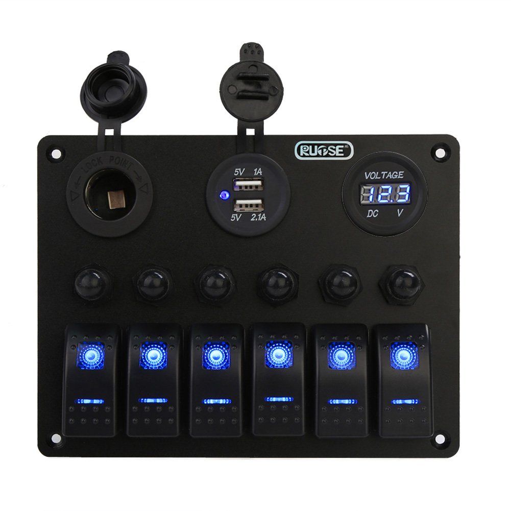 Rupse Überlastungsschutz 6 Wasserdichte Ein/Aus Wippschalter Panel Digital Voltmeter + 12V Zigarette Socket + Double USB Power Ladegerät Marine Boat Circuit Blau LED 6 Gang Auto von Rupse