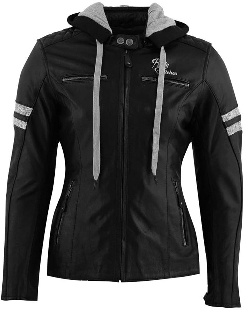 Rusty Stitches Super Joyce Hooded Damen Motorrad Lederjacke (Black/White,50) von Rusty Stitches