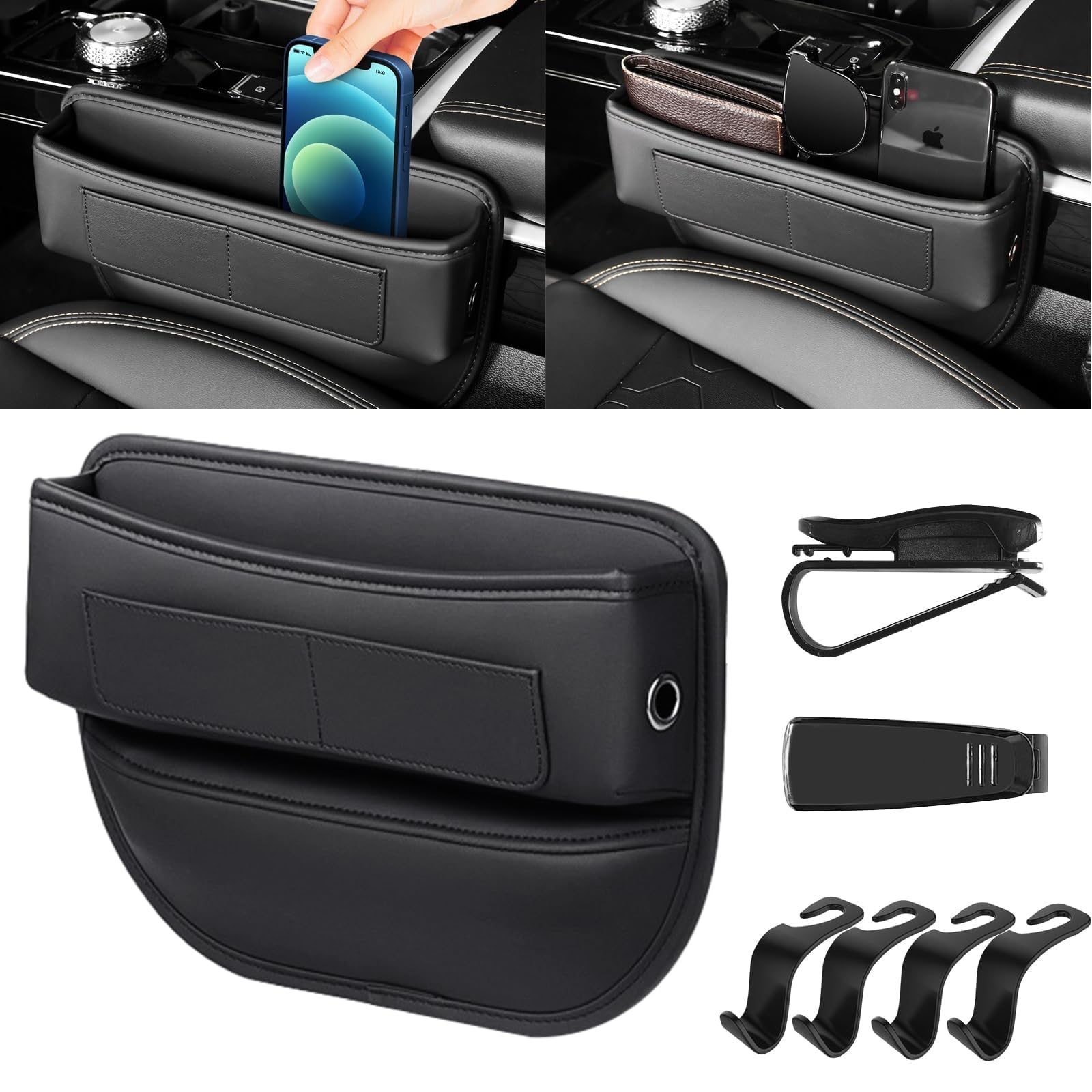 Ruucy Aufbewahrungsbox für Autositze, PU Leder Autositz Lückenfüller, Auto Organizer Vorne, Aufbewahrungsbox Autositz mit 4 Auto Haken & 2 Brillenhalter (Schwarz) von Ruucy