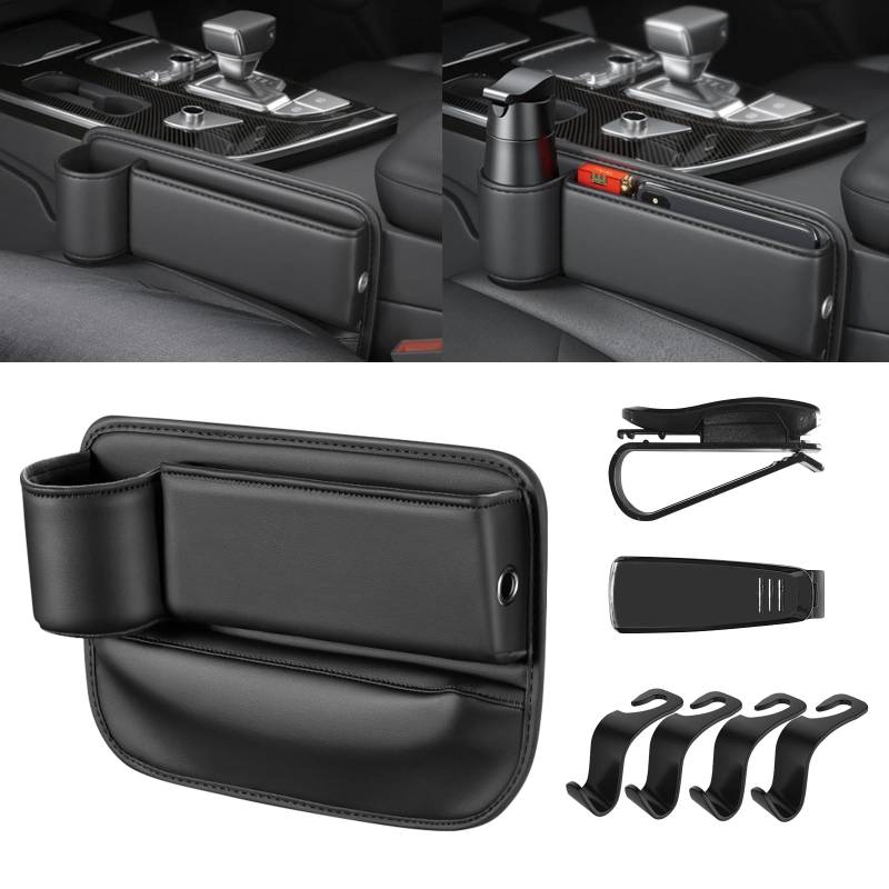 Ruucy Auto Getränkehalter Becherhalter, PU Leder Getränkehalterung Auto Organizer Aufbewahrungsbox Getrankehalt für Kaffee Getränk Flasche Milch, Mit 4 Auto Haken + 2 Brillenhalter(Schwarz) von Ruucy