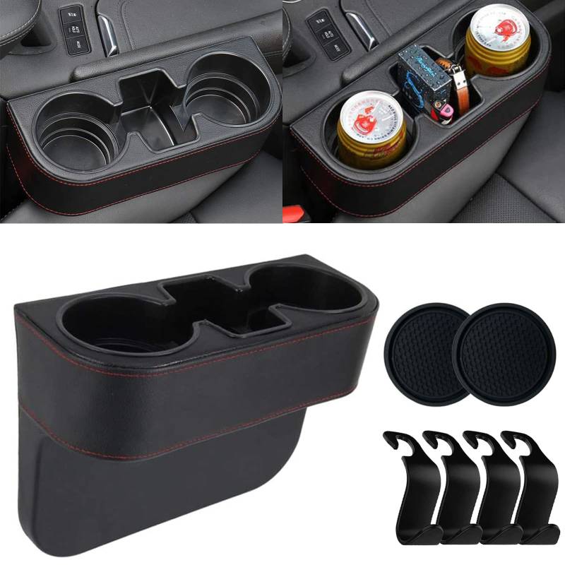 Ruucy Auto Getränkehalter Becherhalter PU Leder Getränkehalterung Auto Organizer Aufbewahrungsbox Getrankehalt für Kaffee, Getränk, Flasche, Milch(Mit 4 Auto Haken + 2 Auto Untersetzer-Schwarz) von Ruucy