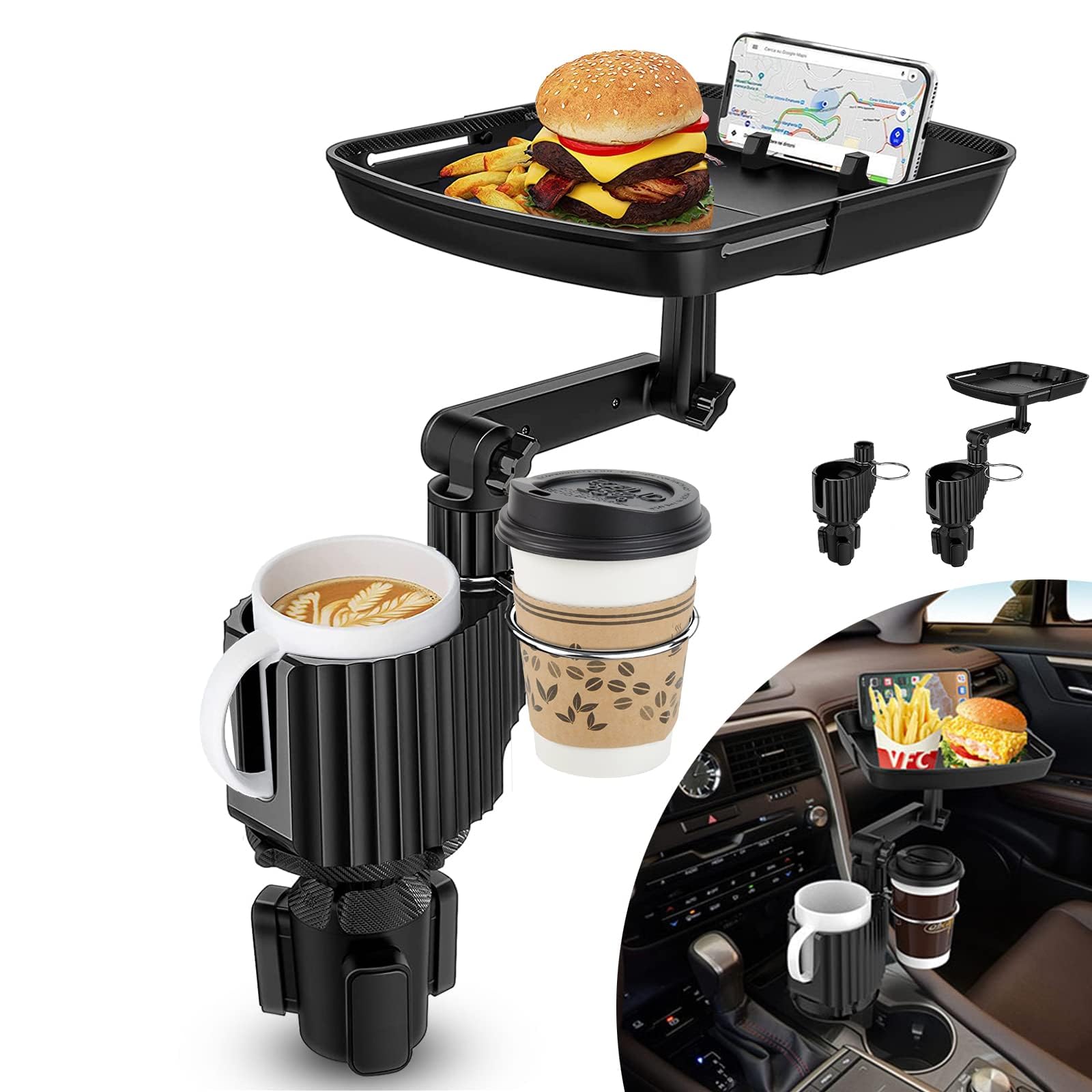 Ruucy Auto Getränkehalter Tisch Tablett Dehnbar, 360° Verstellbares Auto Tisch mit Getränkehalter & Handyhalterung, Universel Auto Multifunktionstisch Snacktablett Auto Organizer für Auto Becherhalter von Ruucy