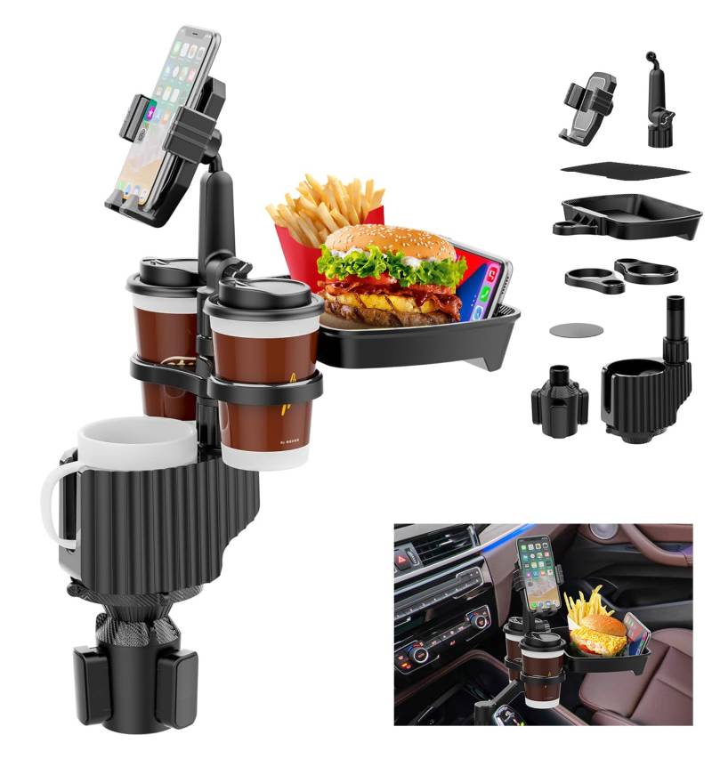 Ruucy 6 in 1 Auto Getränkehalter Tisch Tablett Mit Handyhalterung, 360° Verstellbares Auto Tisch Dehnbar, Universel Auto Multifunktionstisch Snacktablett Auto Organizer für Auto Becherhalter von Ruucy