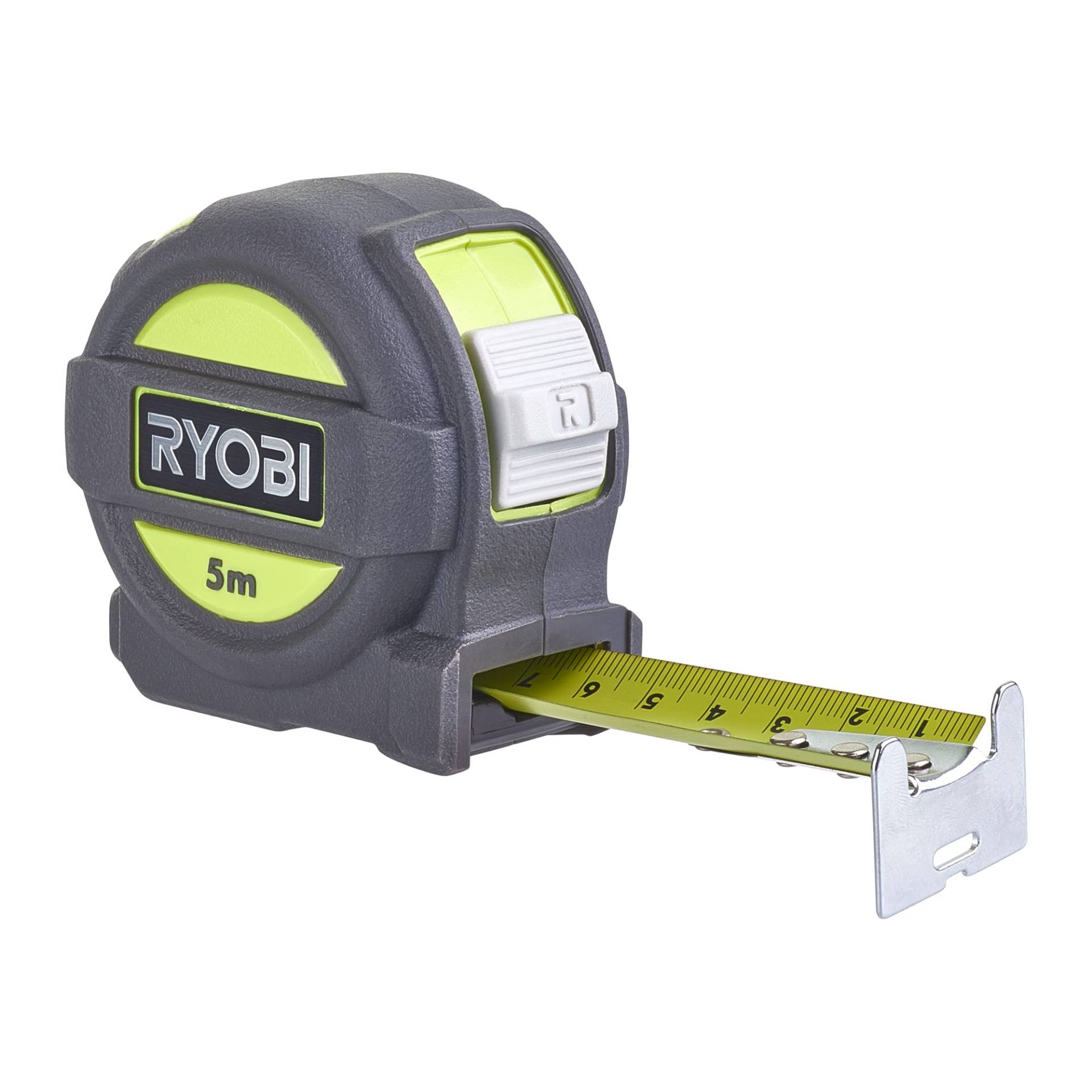 RYOBI Maßband RTM5M, flexibles Maßband mit einer Gesamtlänge von 5 m, Genauigkeitsklasse II, integrierter Gürtelclip, Grün und Anthrazit von Ryobi