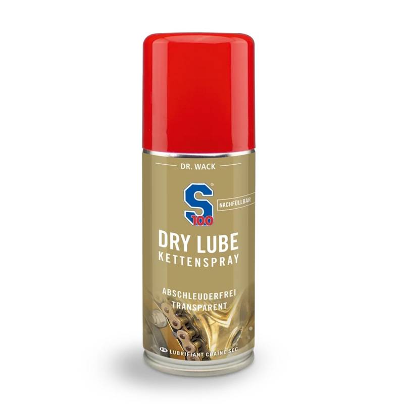 DR. WACK S100 Dry Lube Kettenspray für Motorrad 100 ml - nachfüllbar - Trocken Kettenschmierstoff - Schutz vor Verschleiß & Korrosion - Kettenspray für weniger Reibung - Hochwertige Motorradpflege von DR. WACK