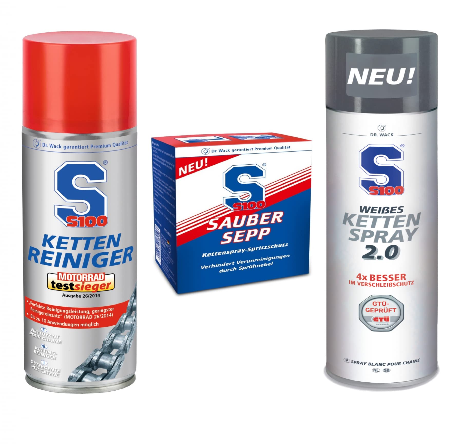 S100 Kettenpflege Set / Kettenspray Weiß + Kettenreiniger + Sauber Sepp / Vorteilspack von S100