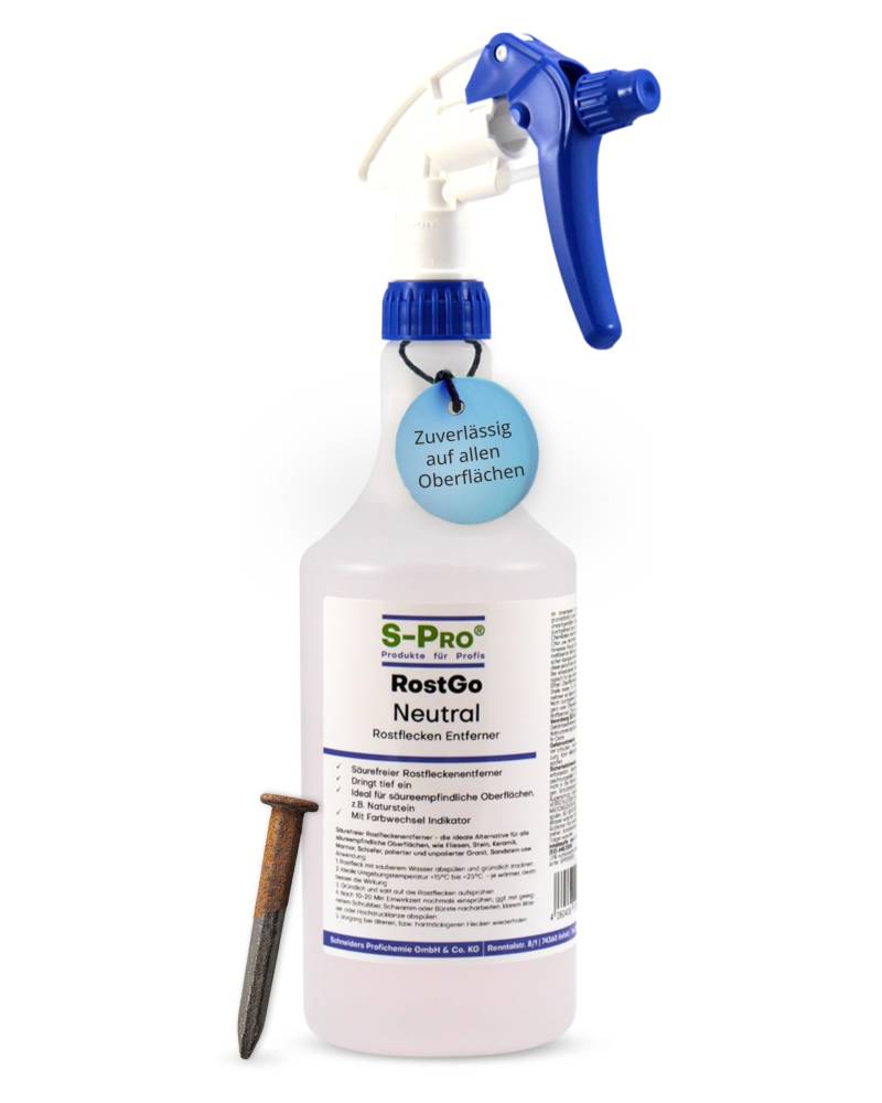 S-Pro - RostGo pH- neutraler Rostentferner 750ml - Effizientes Spray gegen Rostflecken auf porösen Steinoberflächen für innen & außen - Für Steinfließen, Sandstein, Marmor, Naturstein usw. von S-Pro