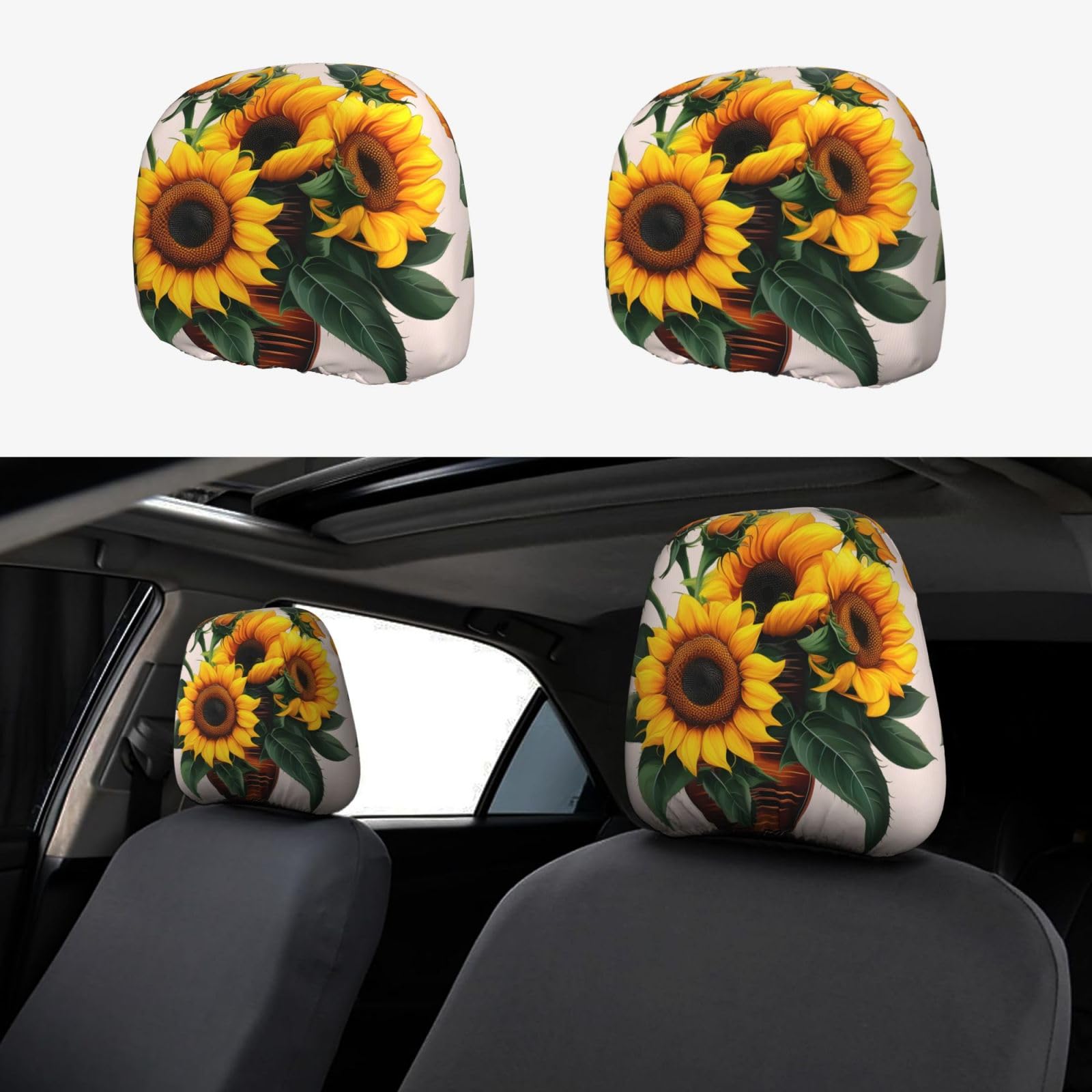 SABFWF Auto-Kopfstützenbezug-Set, vielseitige Kopfstützenbezüge für Autos, eleganter Satin-Auto-Kopfstützenbezug mit Sonnenblumen- und Rosenmuster von SABFWF