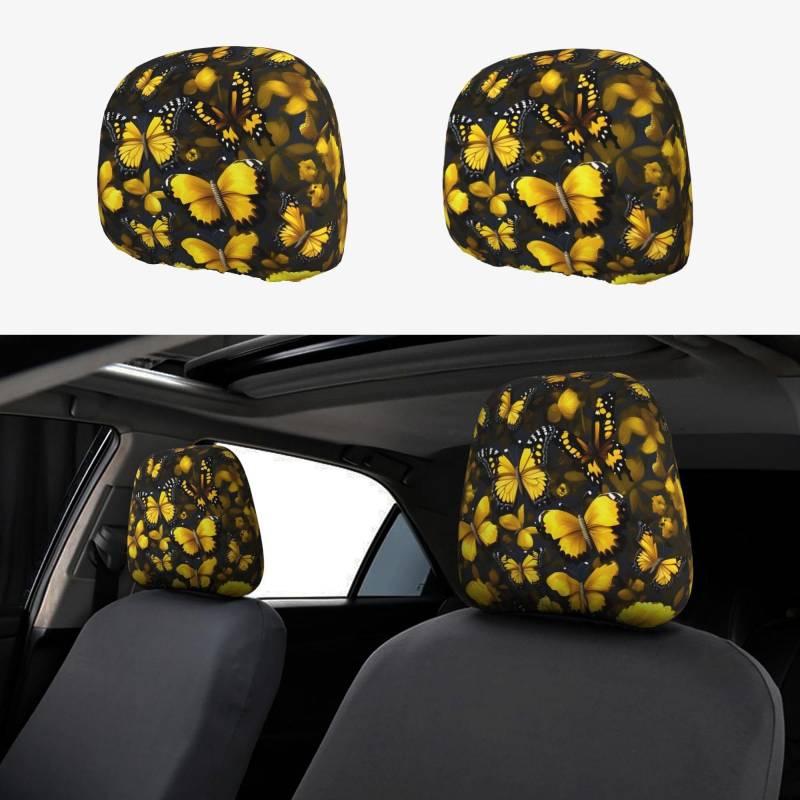 SABFWF Auto-Kopfstützenbezug-Set, vielseitige Kopfstützenbezüge für Autos, eleganter Satin-Auto-Kopfstützenbezug mit gelben Blumen und Schmetterlingen von SABFWF