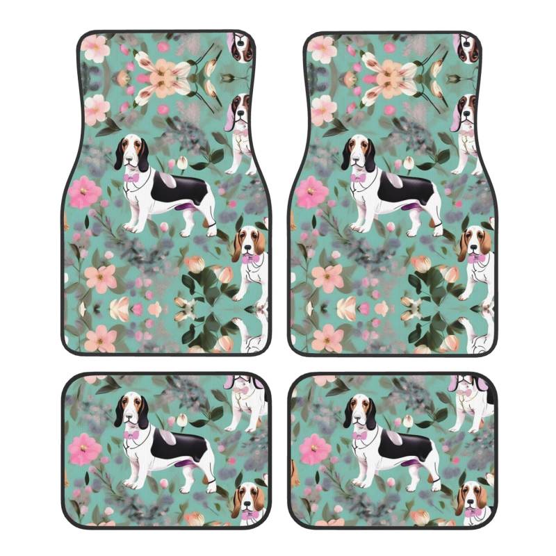 Sweet Basset Hound Florals Print Universal Automatten 4-teiliges Set, ästhetisch überlegene und leicht zu reinigende Auto-Fußmatte von SABFWF