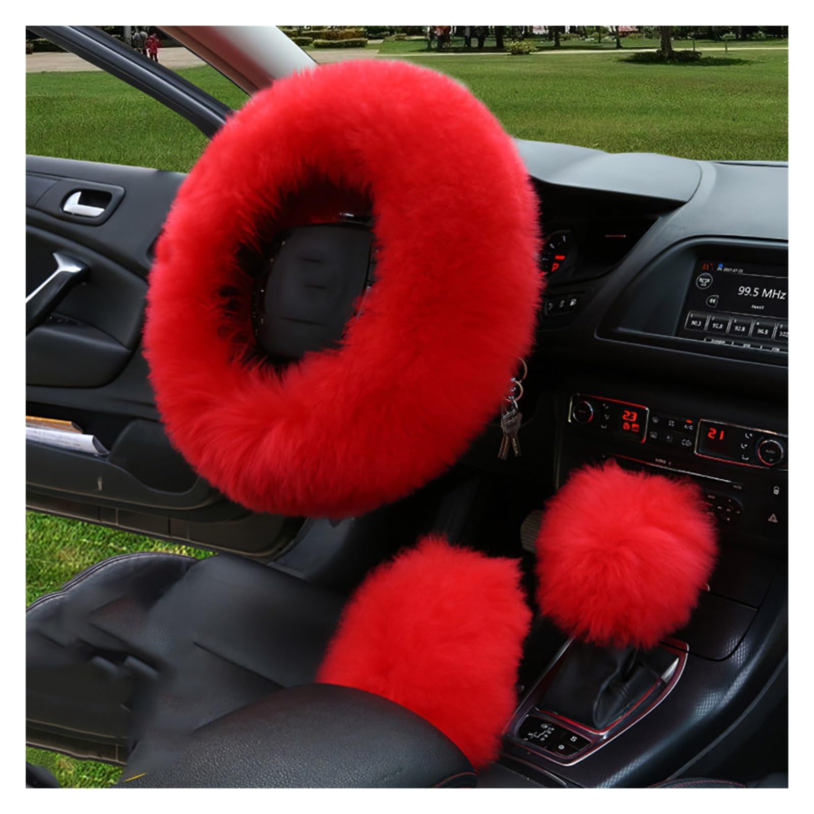 Lenkrad Abdeckung 3PCS Pelz Lenkrad Abdeckung Set Echt Auto Plüsch Warme Flauschige Fuzzy Auto Zubehör Für Frauen Mädchen Lenkradbezug(Rot) von SANCAK