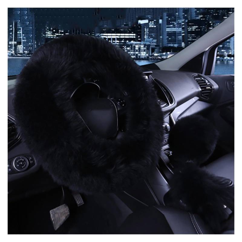 Lenkrad Abdeckung 3PCS Pelz Lenkrad Abdeckung Set Echt Auto Plüsch Warme Flauschige Fuzzy Auto Zubehör Für Frauen Mädchen Lenkradbezug(Schwarz) von SANCAK