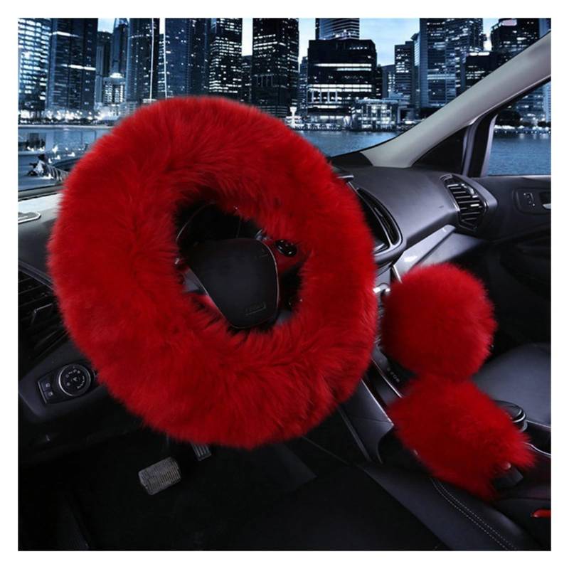 Lenkrad Abdeckung 3PCS Pelz Lenkrad Abdeckung Set Echt Auto Plüsch Warme Flauschige Fuzzy Auto Zubehör Für Frauen Mädchen Lenkradbezug(Wine Red) von SANCAK