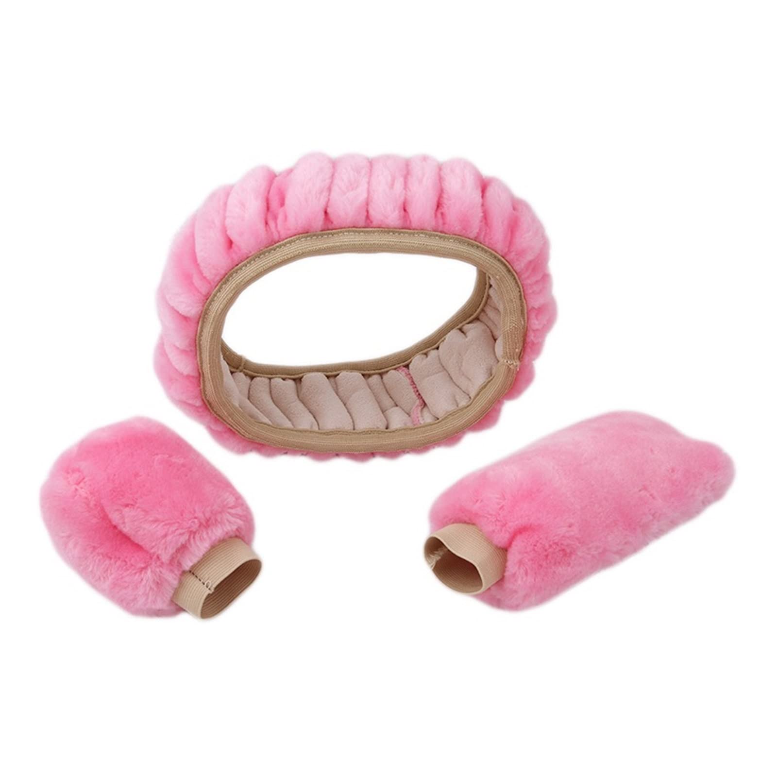 Lenkrad Abdeckung Auto-Lenkrad-Abdeckung Schalthebel-Handbrems-Abdeckung Schutz-Dekoration Warm Super Dick Plüsch-Kragen Weich Schwarz Rosa Für Damen Und Herren Lenkradbezug(Pink Plush Set) von SANCAK