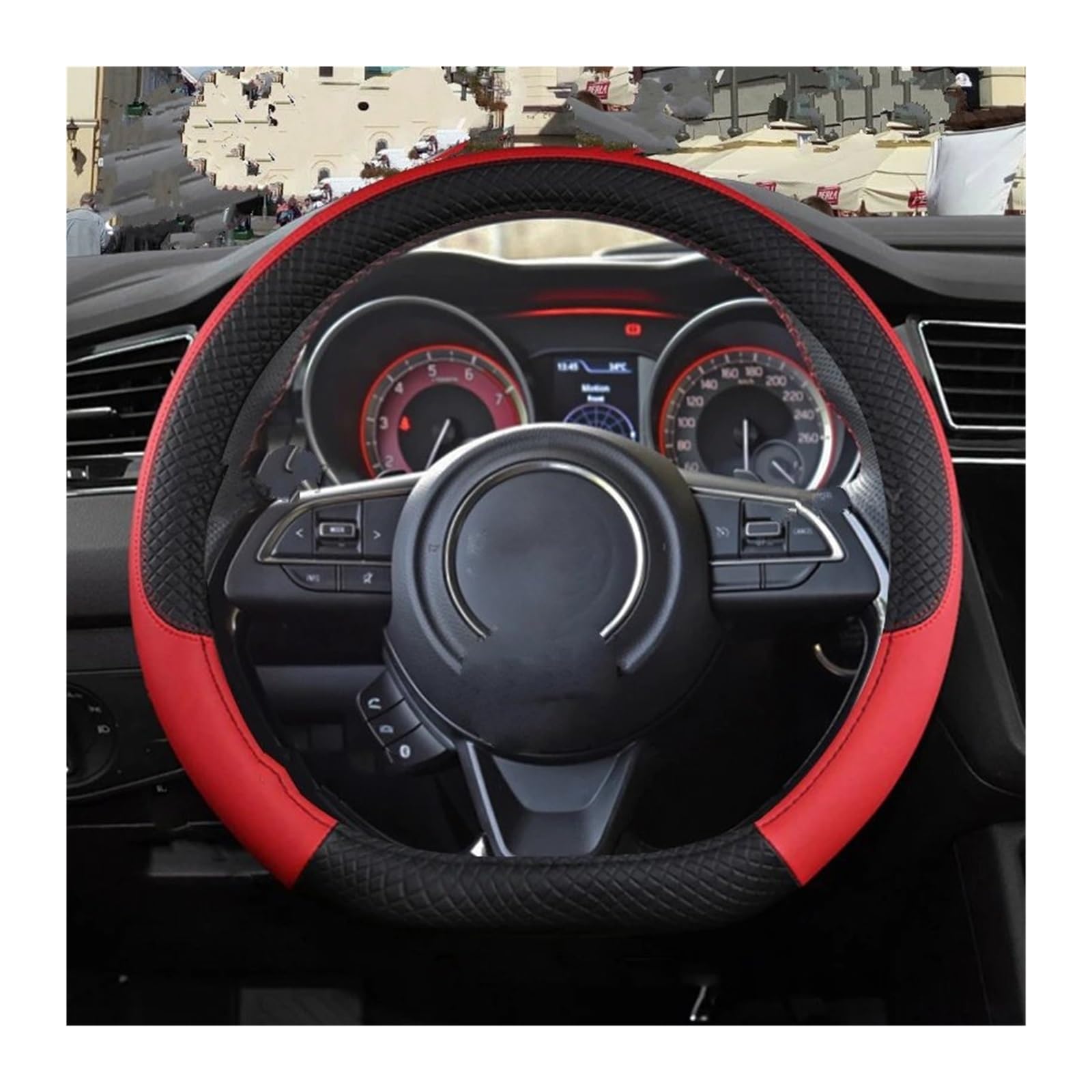 Lenkrad Abdeckung Für Suzuki Für Swift 2017 2018 2019 2020 2021Auto Lenkrad Abdeckung Mikrofaser Leder + Carbon Faser Auto Zubehör Lenkradbezug(D Shape Red) von SANCAK