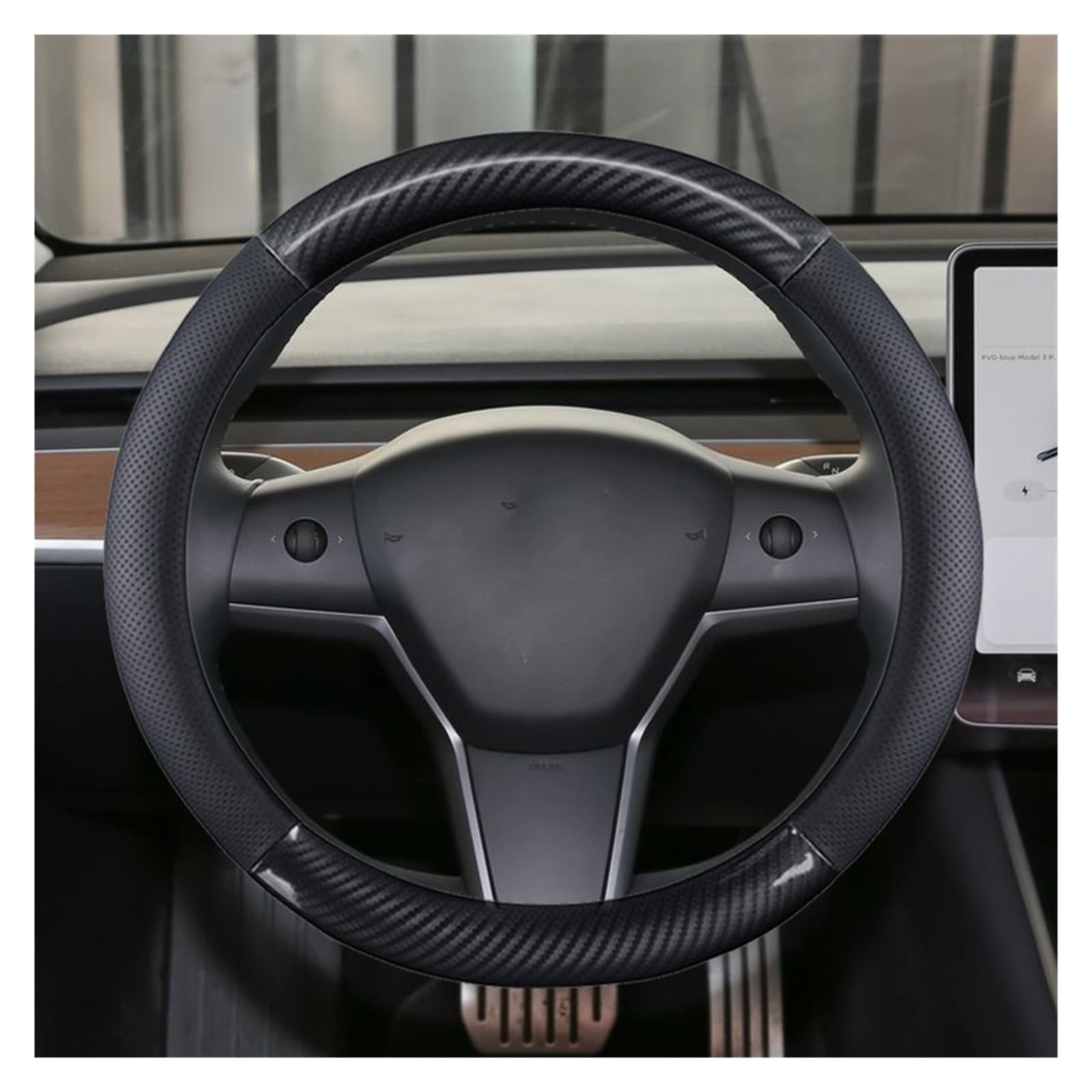 Lenkrad Abdeckung Für Tesla Für Modell 3 2016 2018 2019 2020 Carbon Faser + Echtes Leder Auto Lenkrad Abdeckung Nicht-Slip Auto Zubehör Lenkradbezug(Black O Shape) von SANCAK