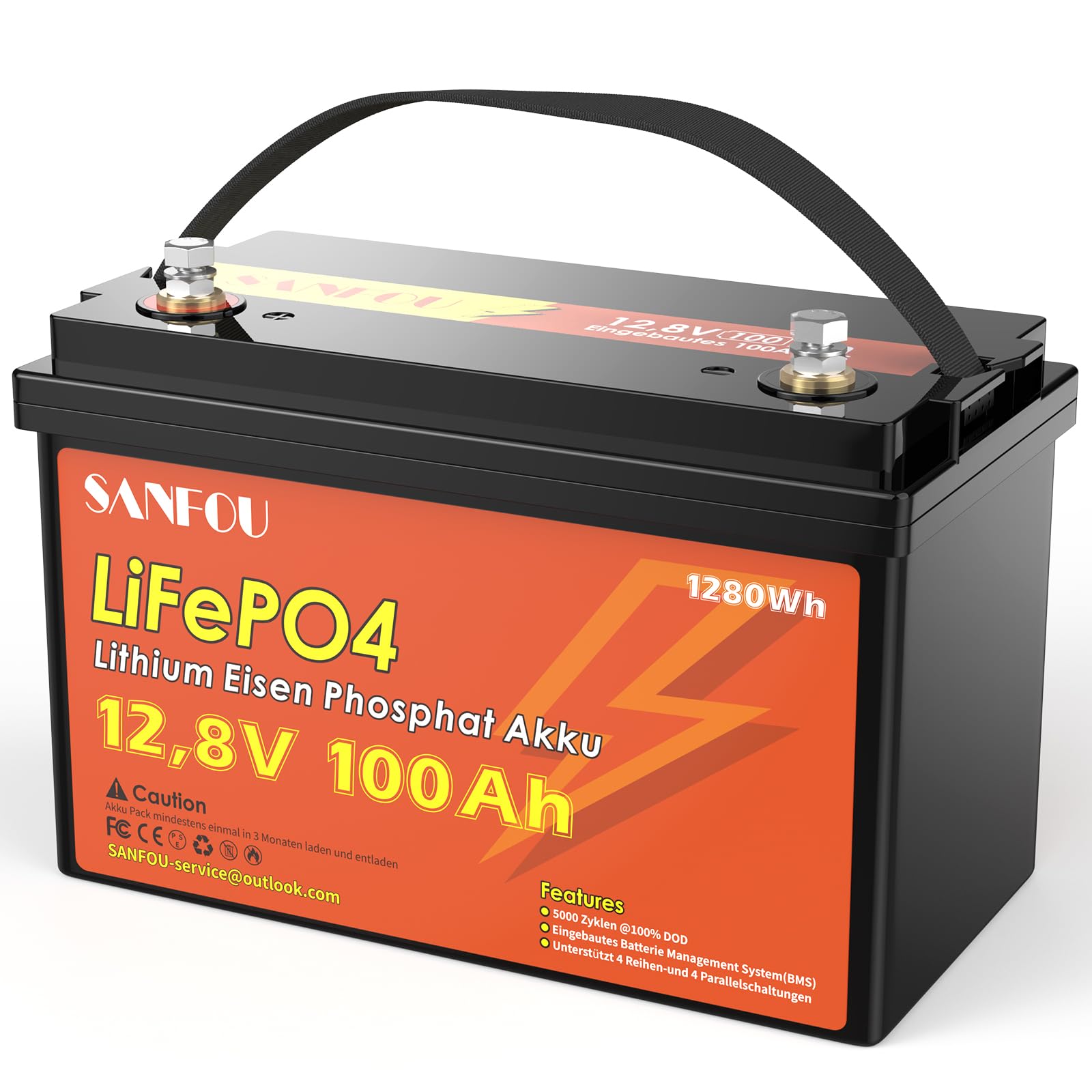 SANFOU 12,8V 100 Ah LiFePO4 Batterie, 1280Wh Lithium Akku, 5000-15000 Mal Deep Cycle Batterien, perfekt als Stromquelle für Wohnmobile Camping von SANFOU