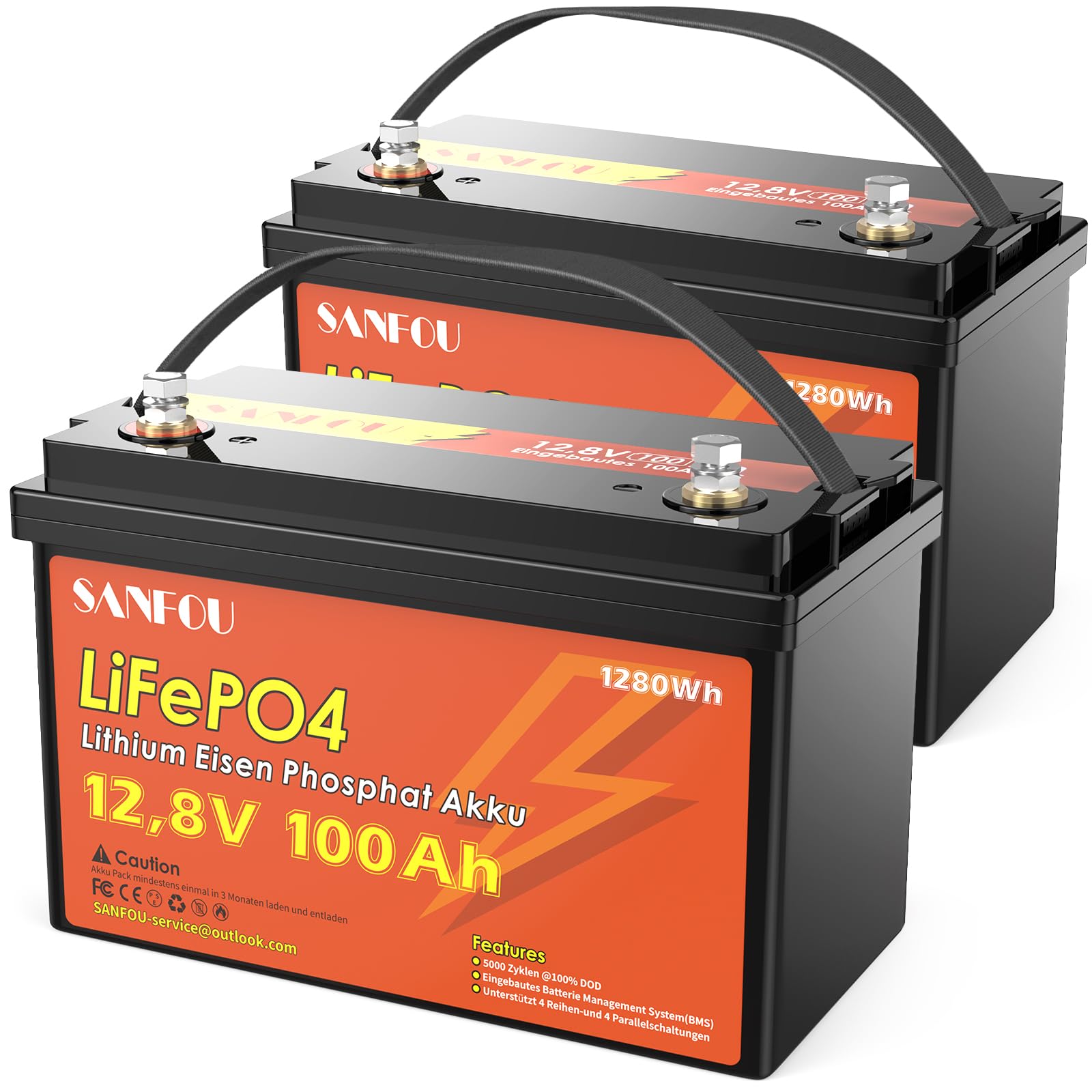 SANFOU 12,8V 100Ah LiFePO4 Batterie Pack 2, 2560Wh Lithium Akku, 5000-15000 Mal Deep Cycle Batterien, perfekt als Stromquelle für Wohnmobile Camping von SANFOU