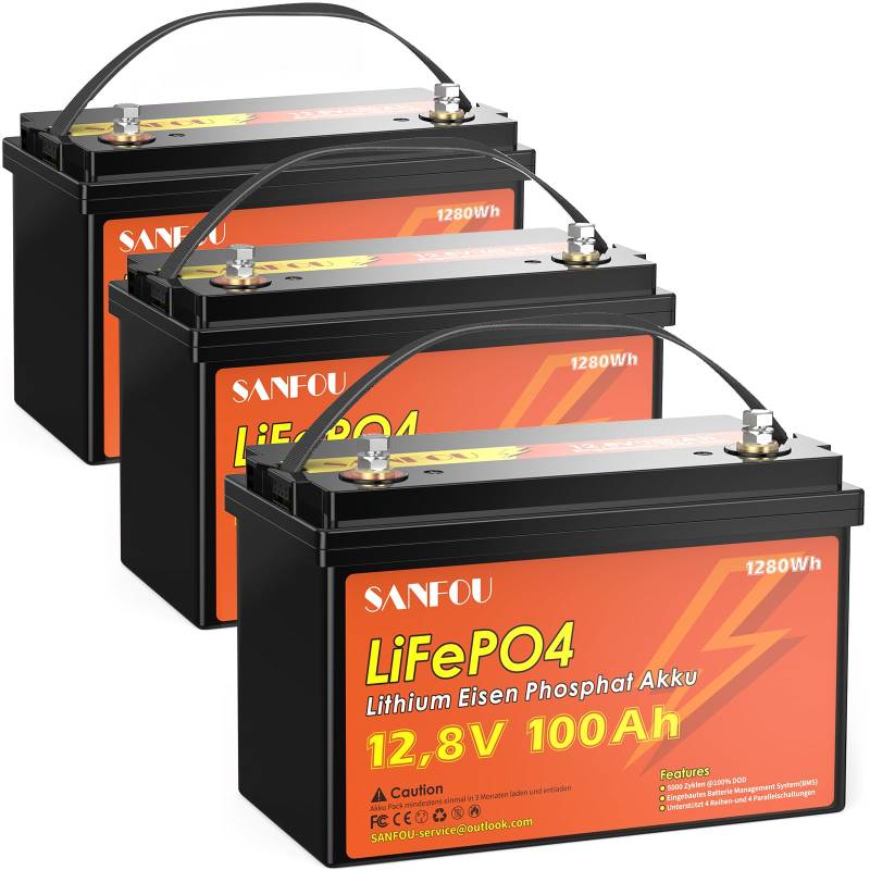 SANFOU 12,8V 100Ah LiFePO4 Batterie Pack 3, 3840Wh Lithium Akku, 5000-15000 Mal Deep Cycle Batterien, perfekt als Stromquelle für Wohnmobile Camping von SANFOU